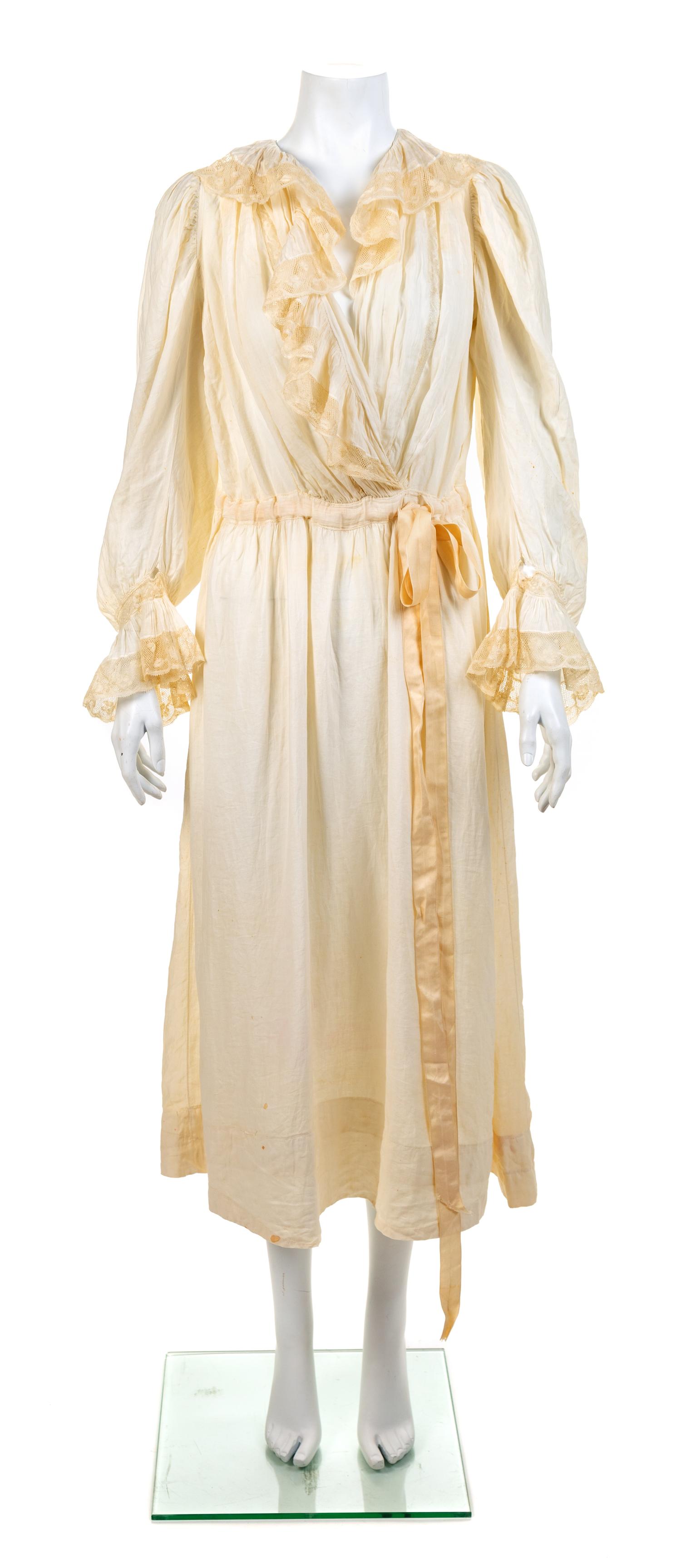 Cotton Nightgown with Lace Bonnet, 1910s