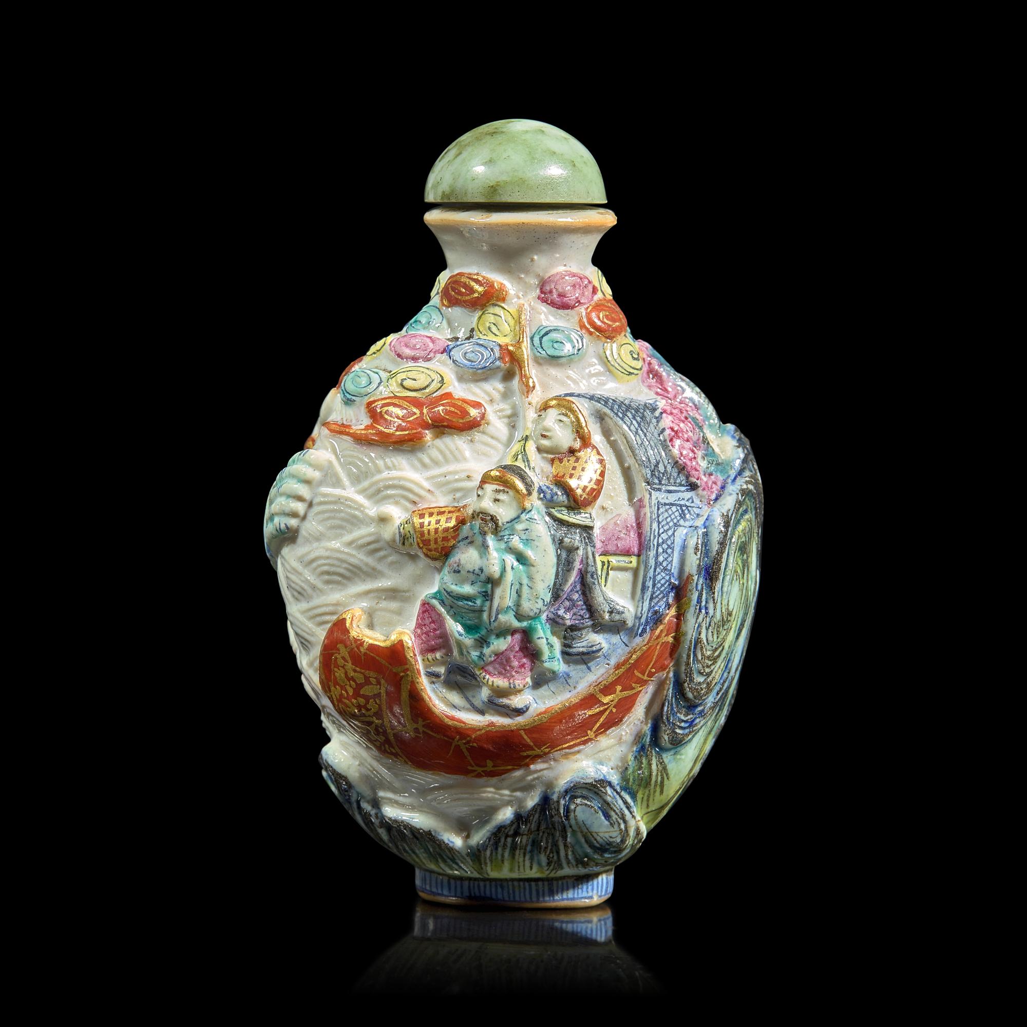 An Unusual Chinese Enameled Molded Porcelain Snuff Bottle, Qianlong Mark