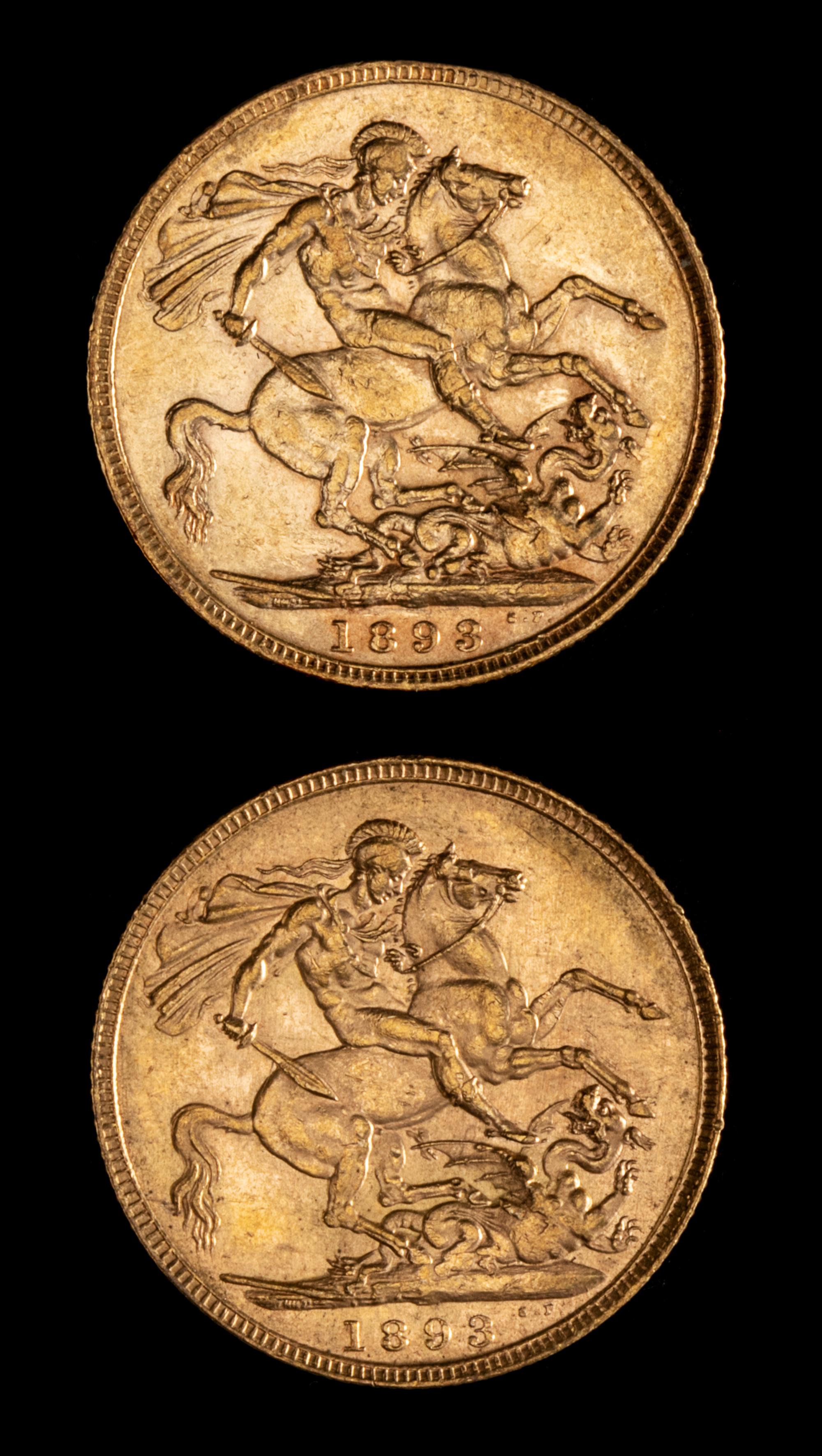 Two United Kingdom 1893 Sovereign: Veiled Head-London Mint Gold Coin