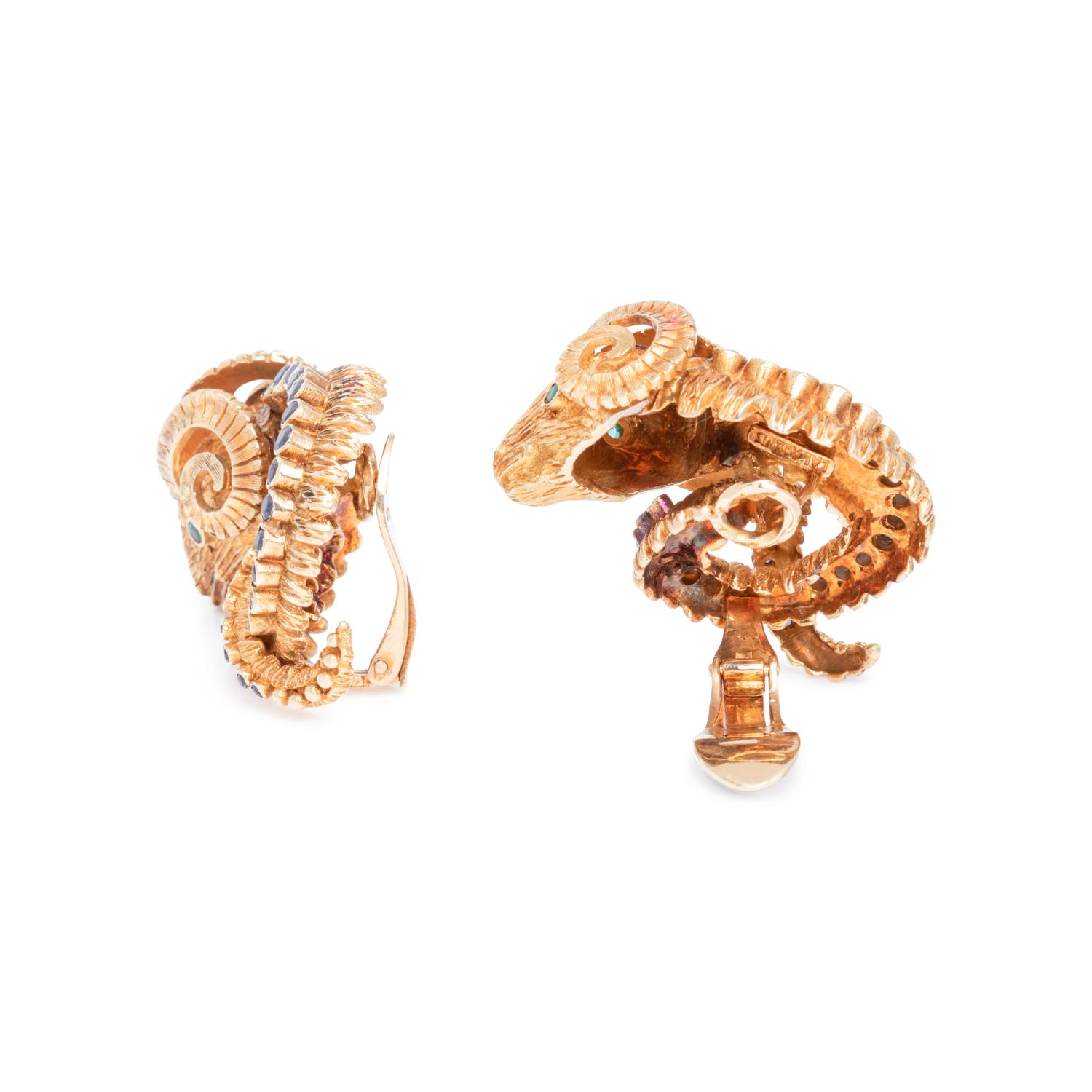 LALAOUNIS, YELLOW GOLD, SAPPHIRE, EMERALD AND DIAMOND EARCLIPS