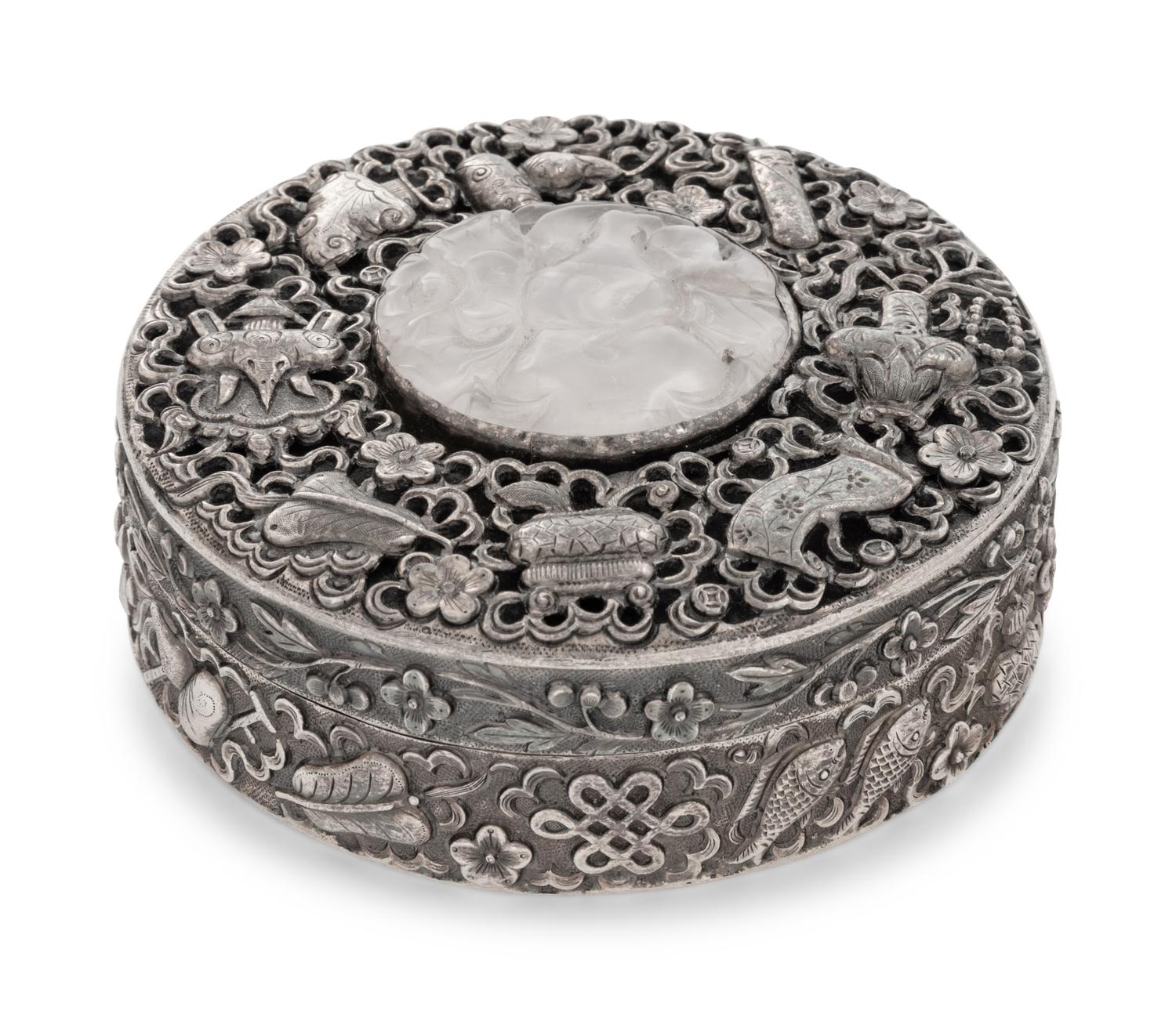 A Chinese Export Rose Quartz Inset Silver Covered Box