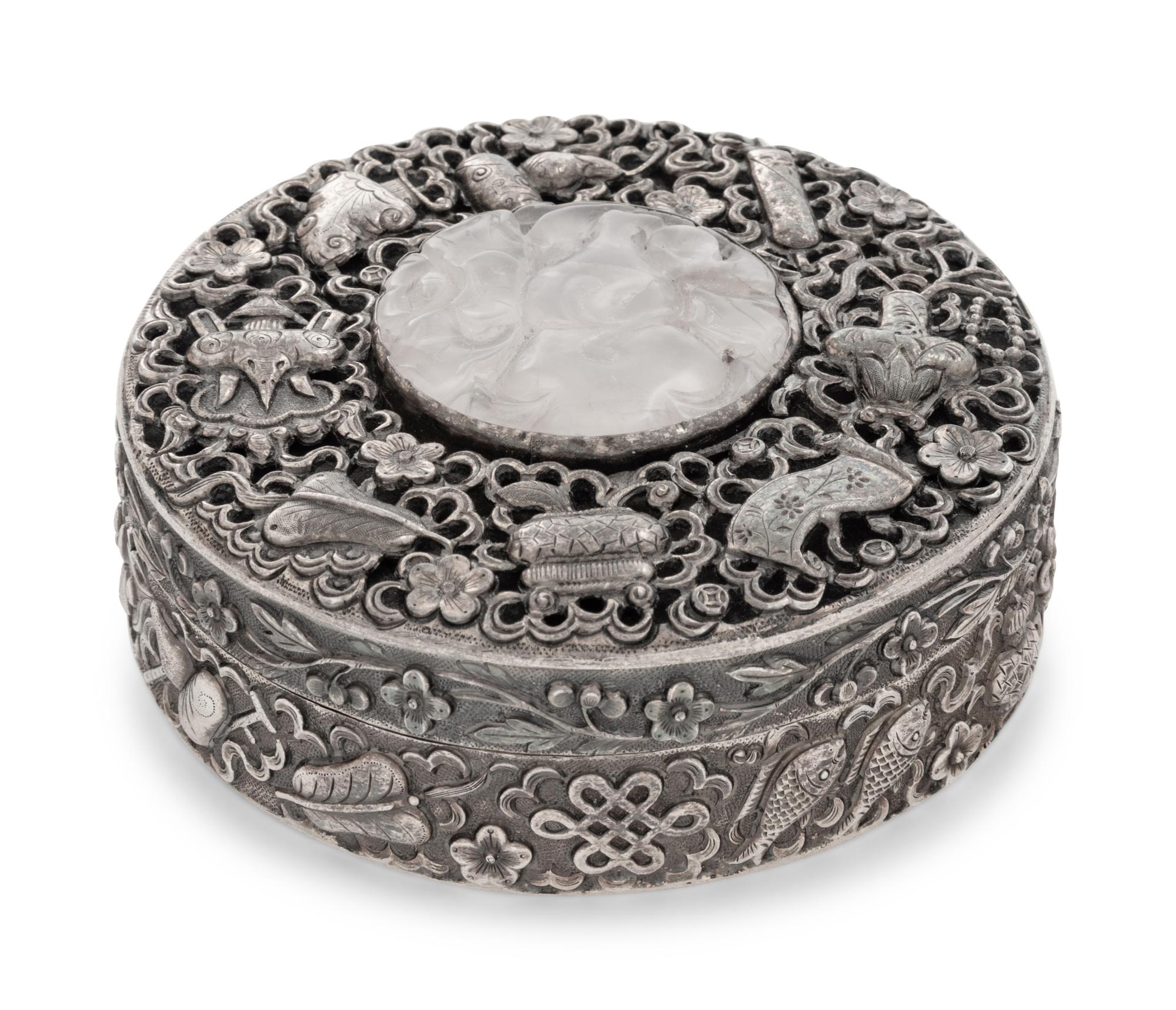 A Chinese Export Rose Quartz Inset Silver Covered Box