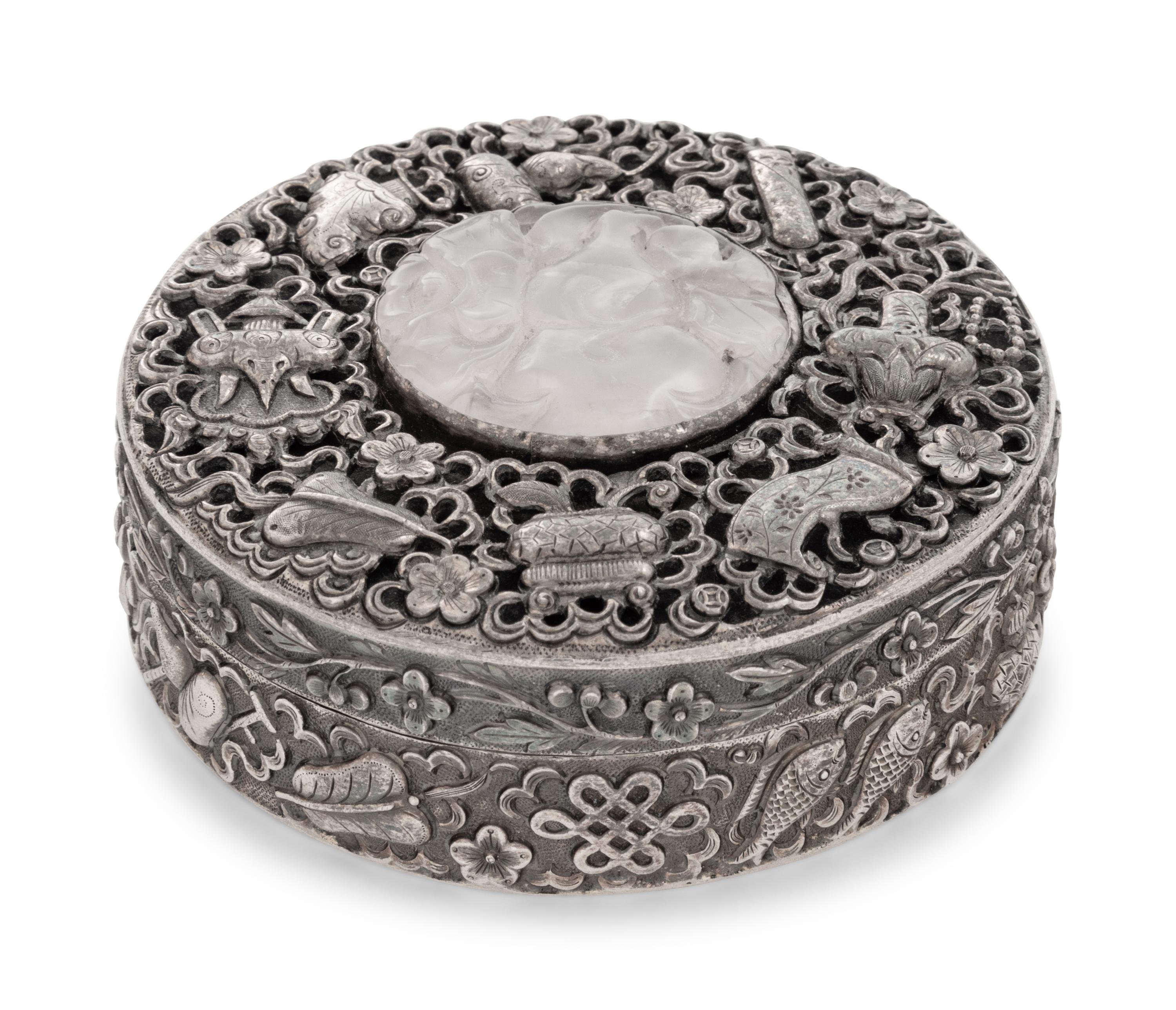 A Chinese Export Rose Quartz Inset Silver Covered Box