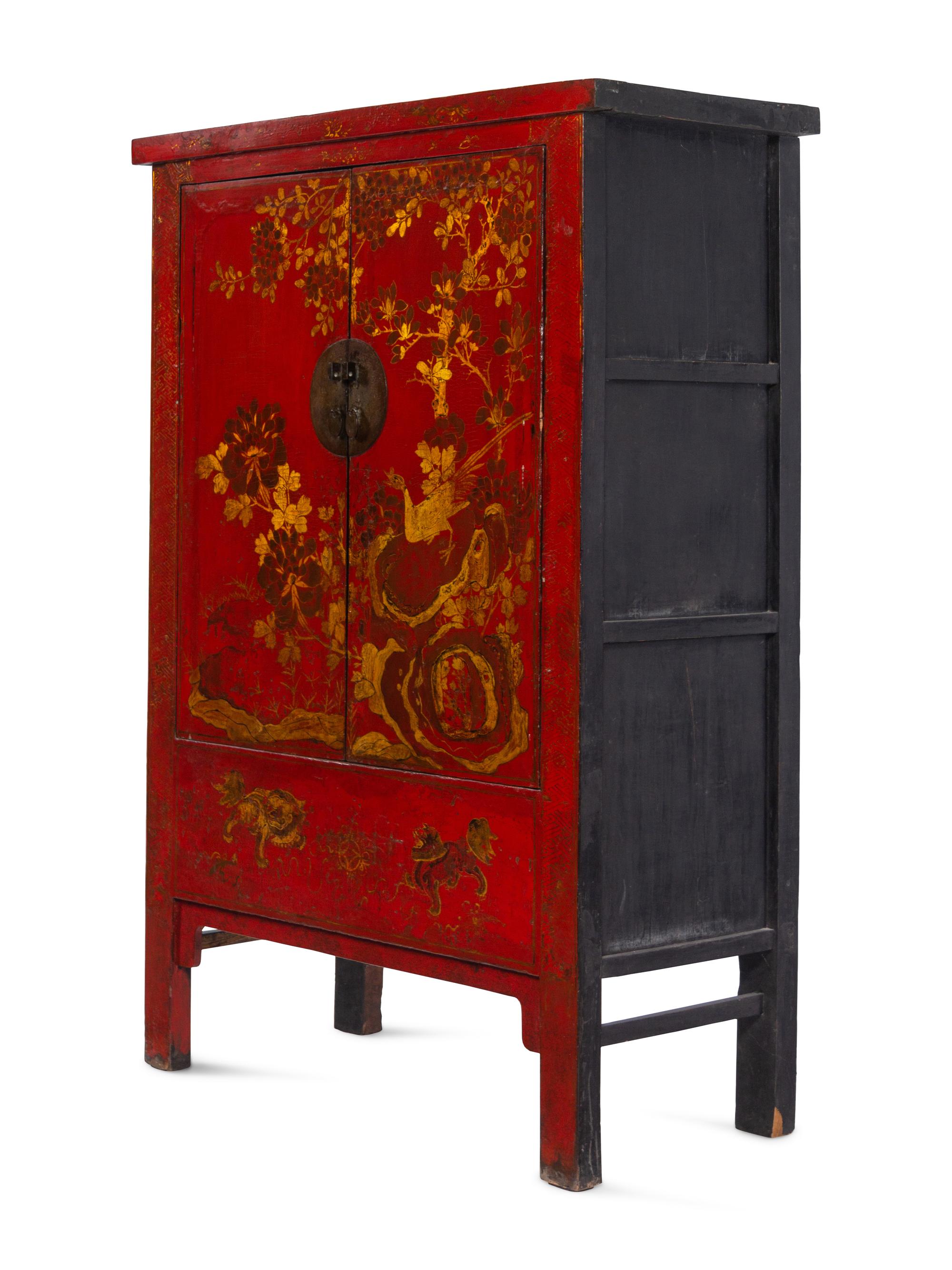 A Chinese Export Red Lacquer Cabinet with Gilt Decoration