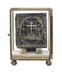 An Eastern European Bronze Diptych Icon Height 2 3/4 x width 4 4/3 inches. — 19TH CENTURY