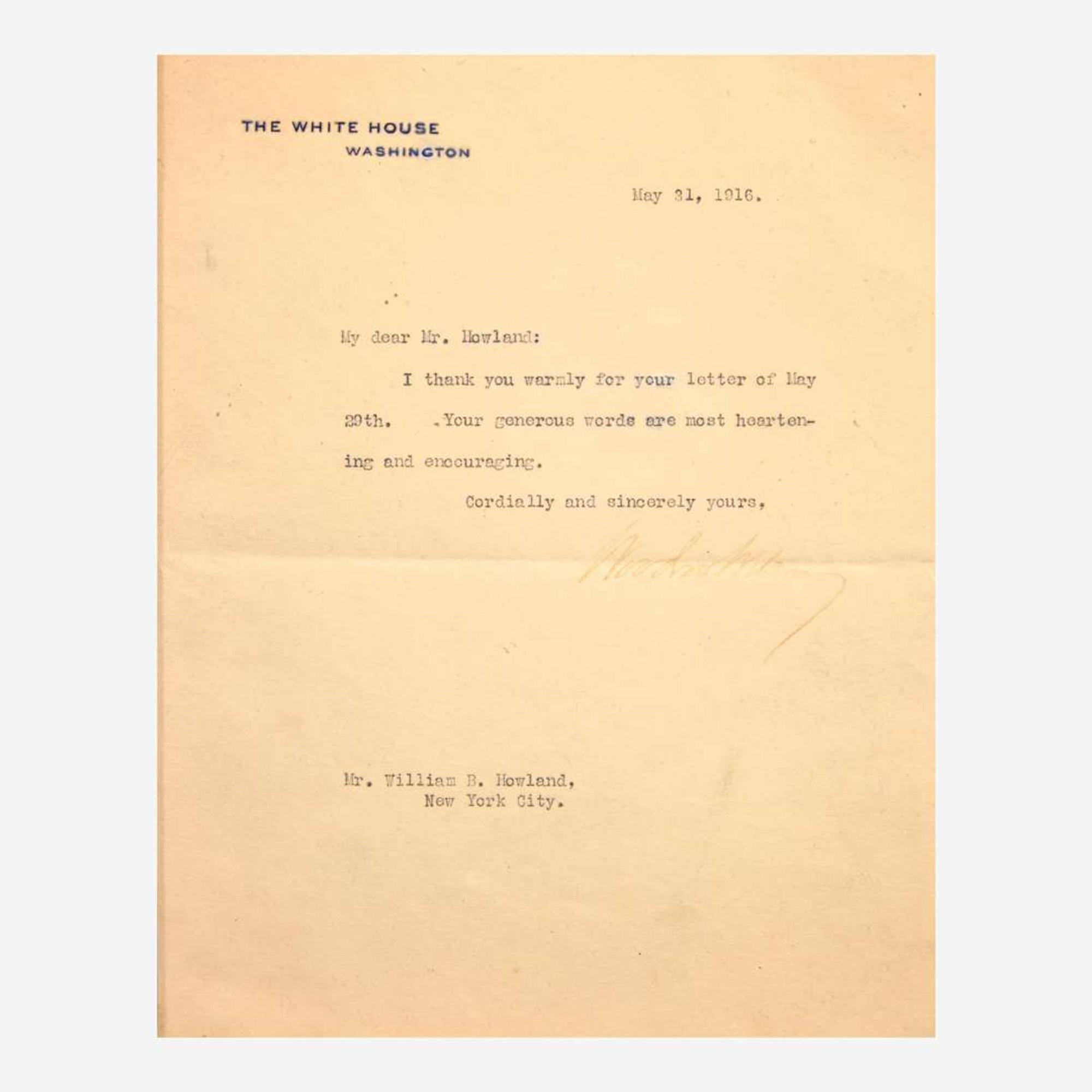 [Presidential] Taft, William H, and Woodrow Wilson and Calvin Coolidge and Herbert Hoover Group of 4 Typed Letters, signed