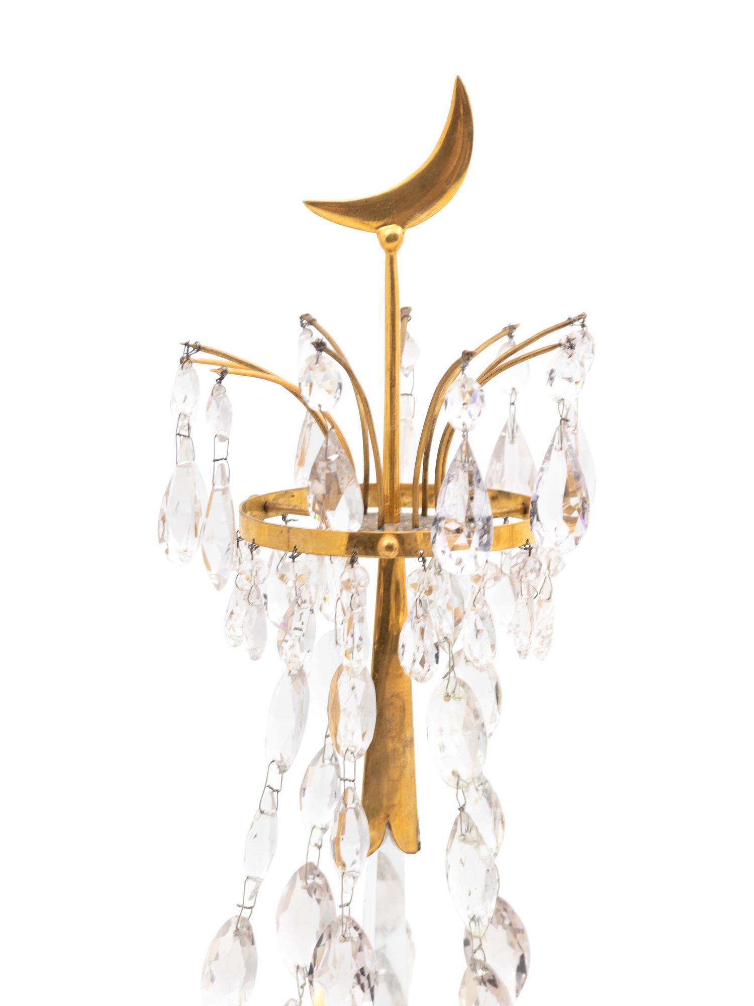 A Pair of French Gilt Brass, Marble and Cut Glass Candelabra Mounted as Lamps