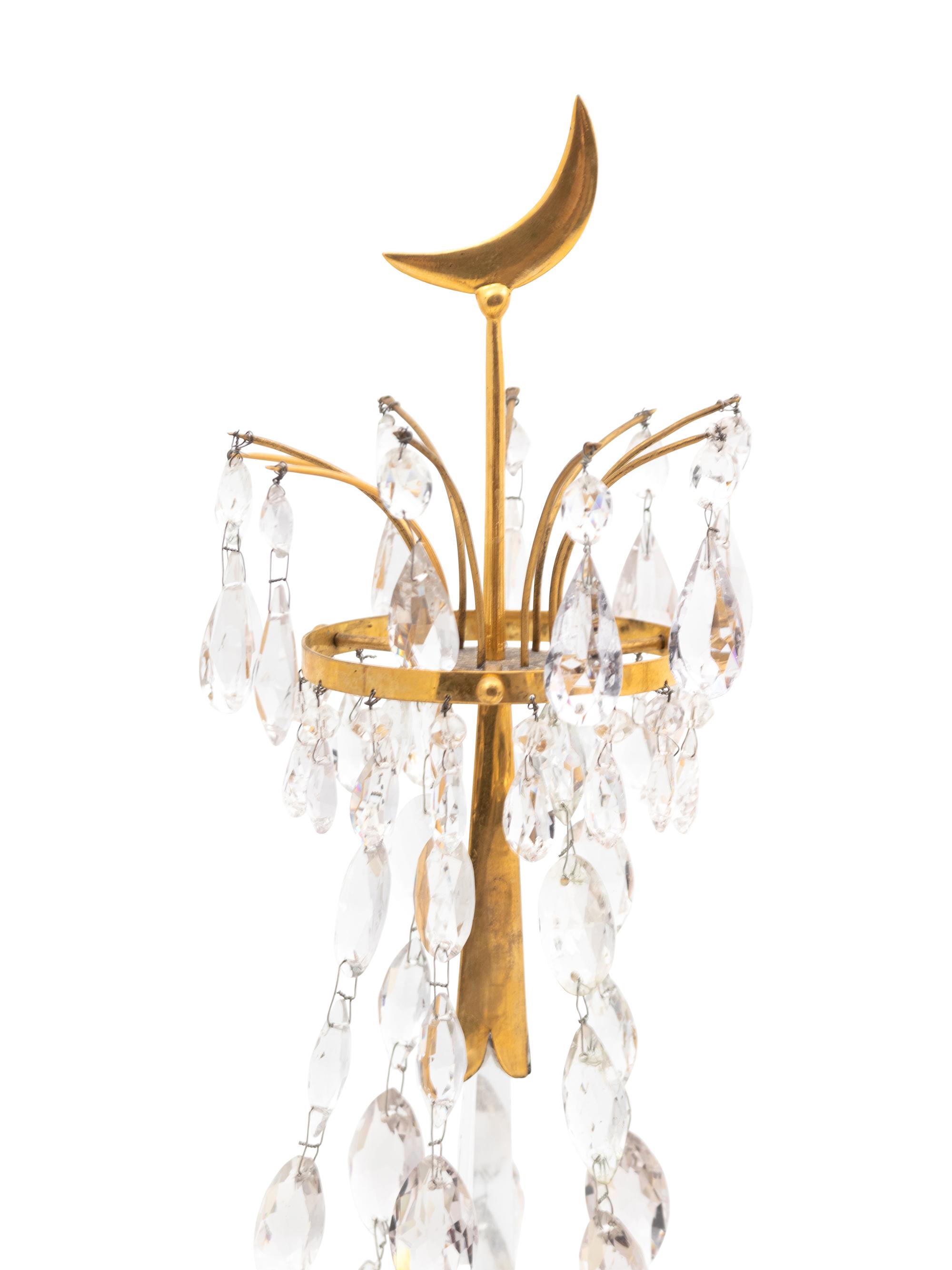A Pair of French Gilt Brass, Marble and Cut Glass Candelabra Mounted as Lamps