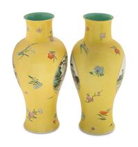 A Pair of Chinese Yellow-Ground Porcelain Baluster Vases