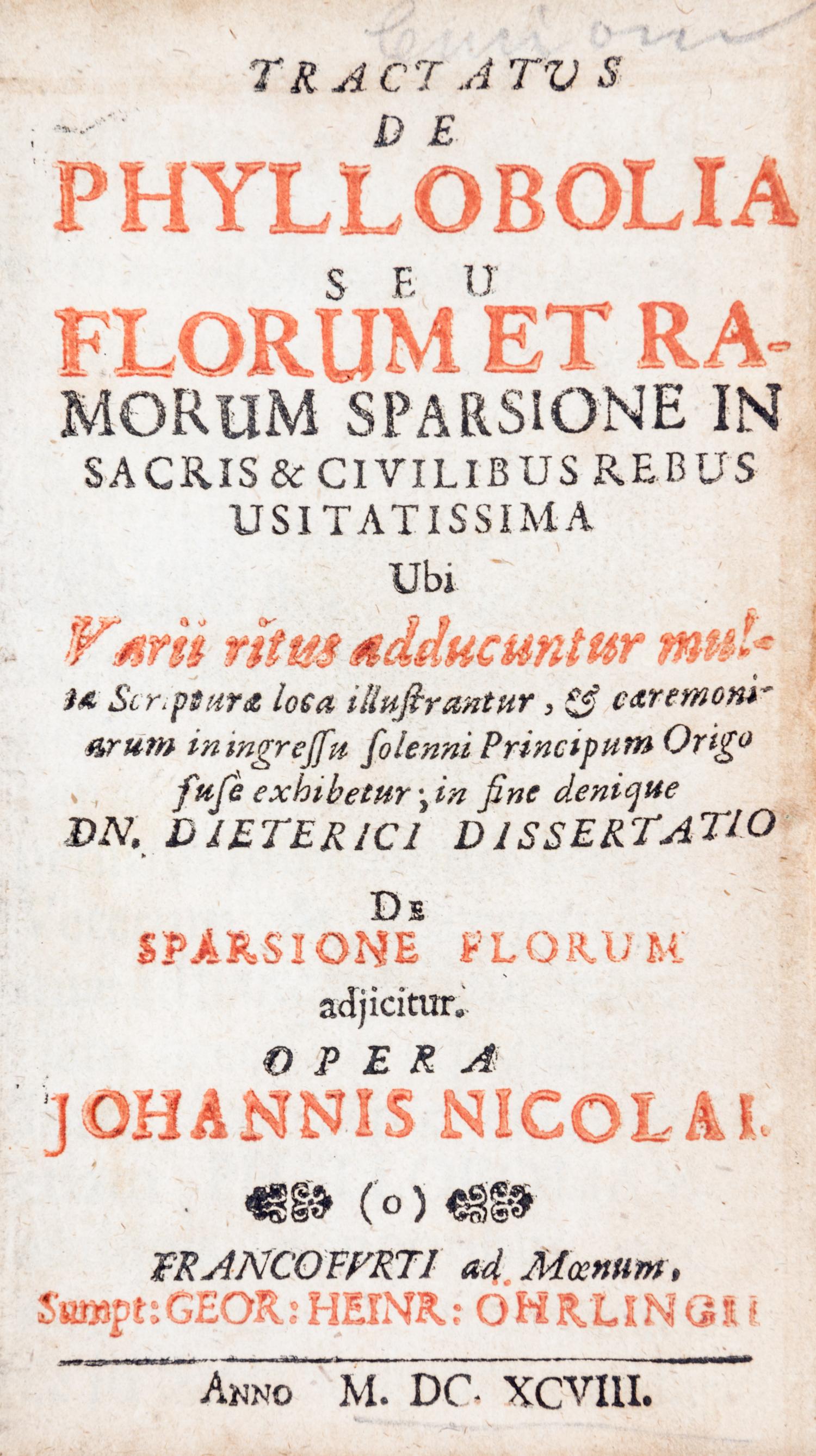 NICOLAI, JOHANN. Tractatus de Phyllobolia, Tractatus de Calcarium, Disquisitio de Chirothecarum. First editions bound together.