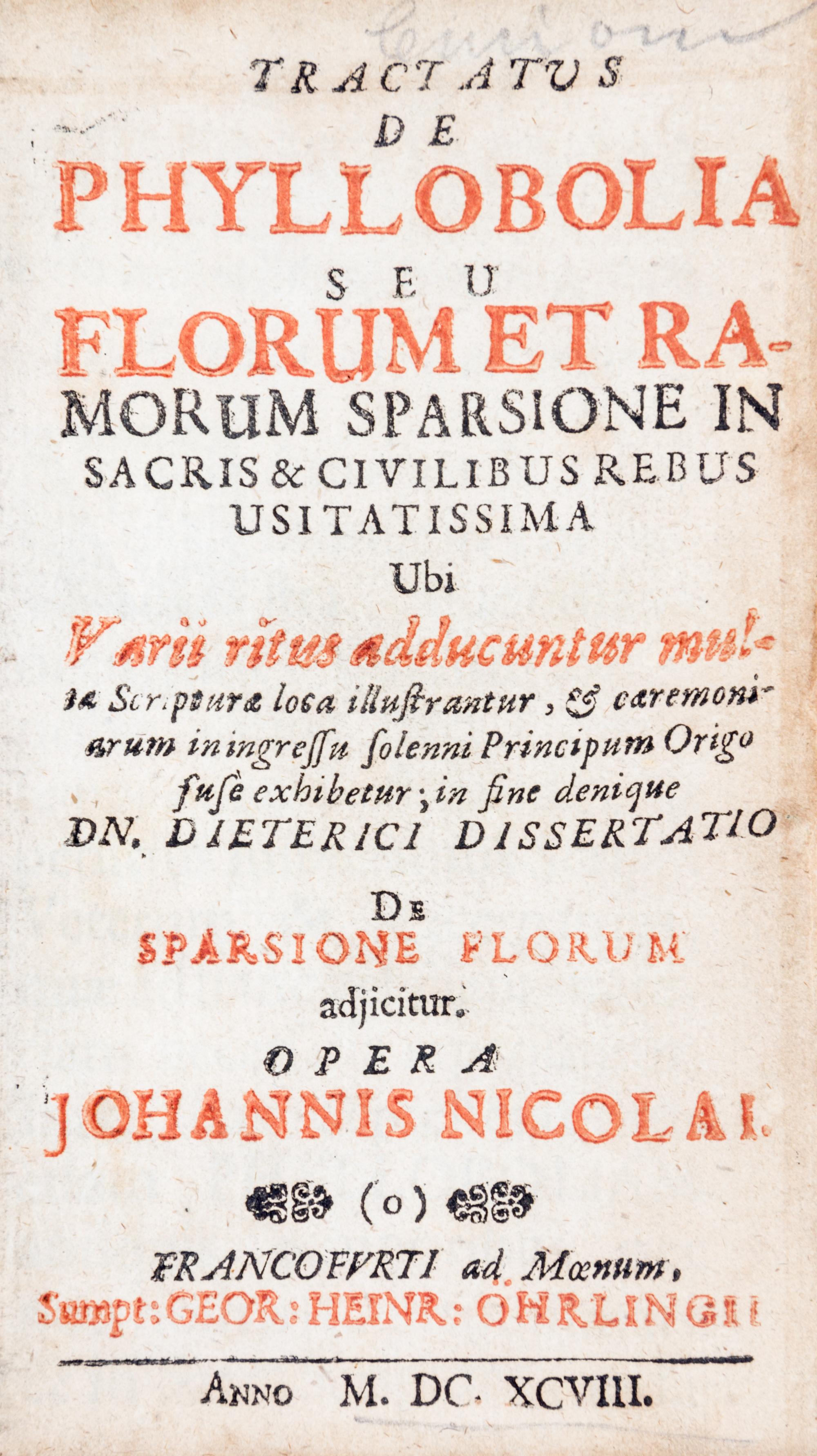 NICOLAI, JOHANN. Tractatus de Phyllobolia, Tractatus de Calcarium, Disquisitio de Chirothecarum. First editions bound together.