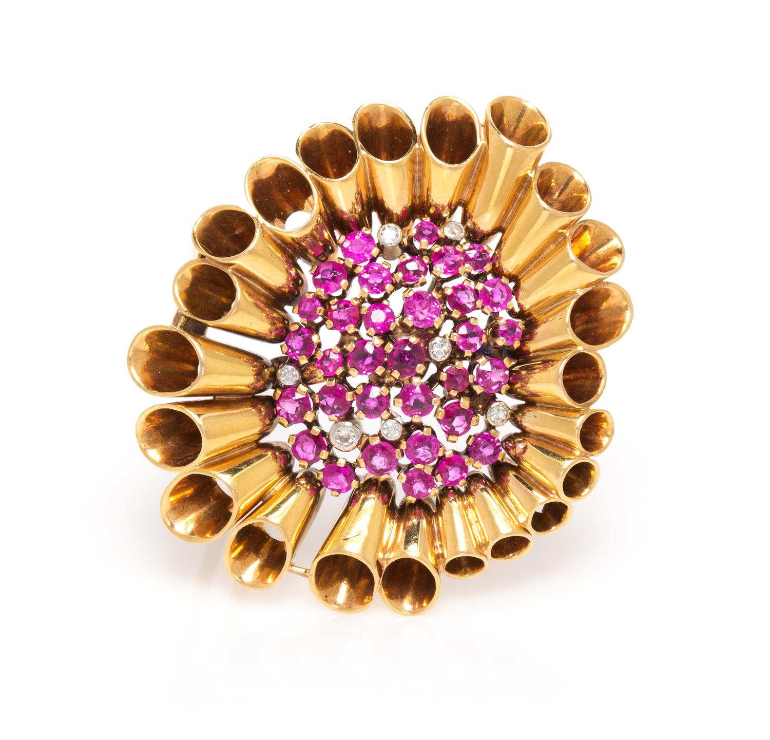A Retro 18 Karat Yellow Gold, Ruby and Diamond Brooch, French, 9.20 dwts.