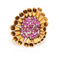 A Retro 18 Karat Yellow Gold, Ruby and Diamond Brooch, French, 9.20 dwts.