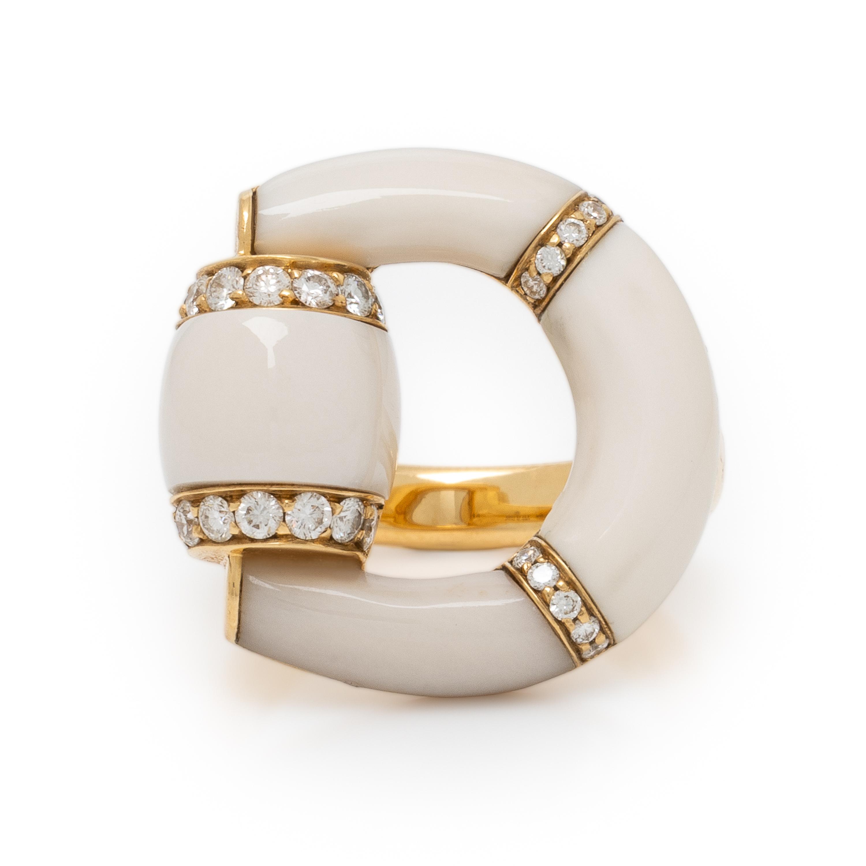 Gucci, 'Horsebit', White Chalcedony, Diamond, and Yellow Gold Ring