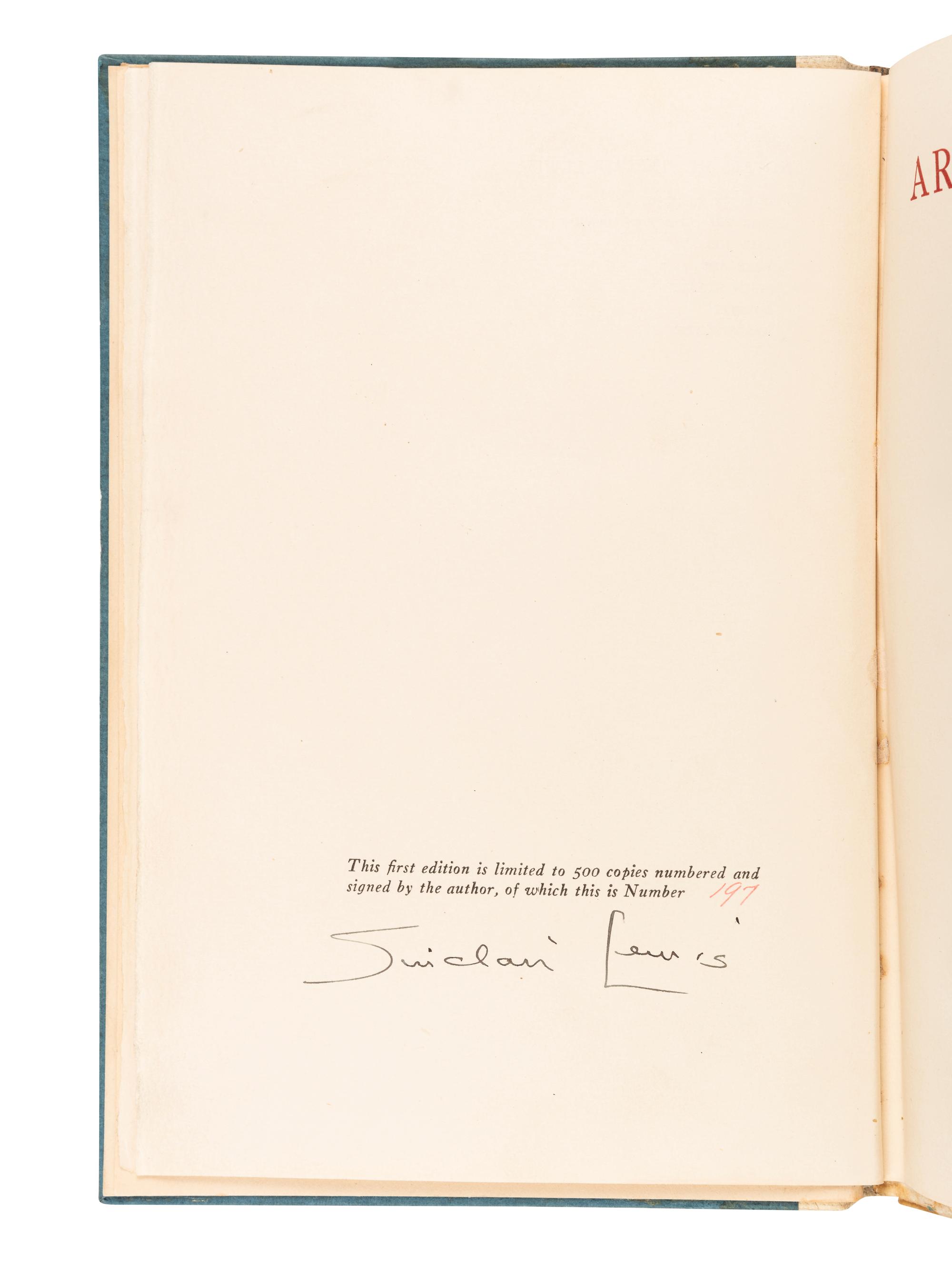 LEWIS, Sinclair (1885-1951). Arrowsmith. New York: Harcourt, Brace, and Company, 1925.