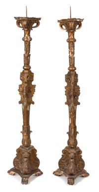 A Pair of Italian Giltwood and Mirrored Glass Torcheres Height 81 inches. — LATE 18TH CENTURY