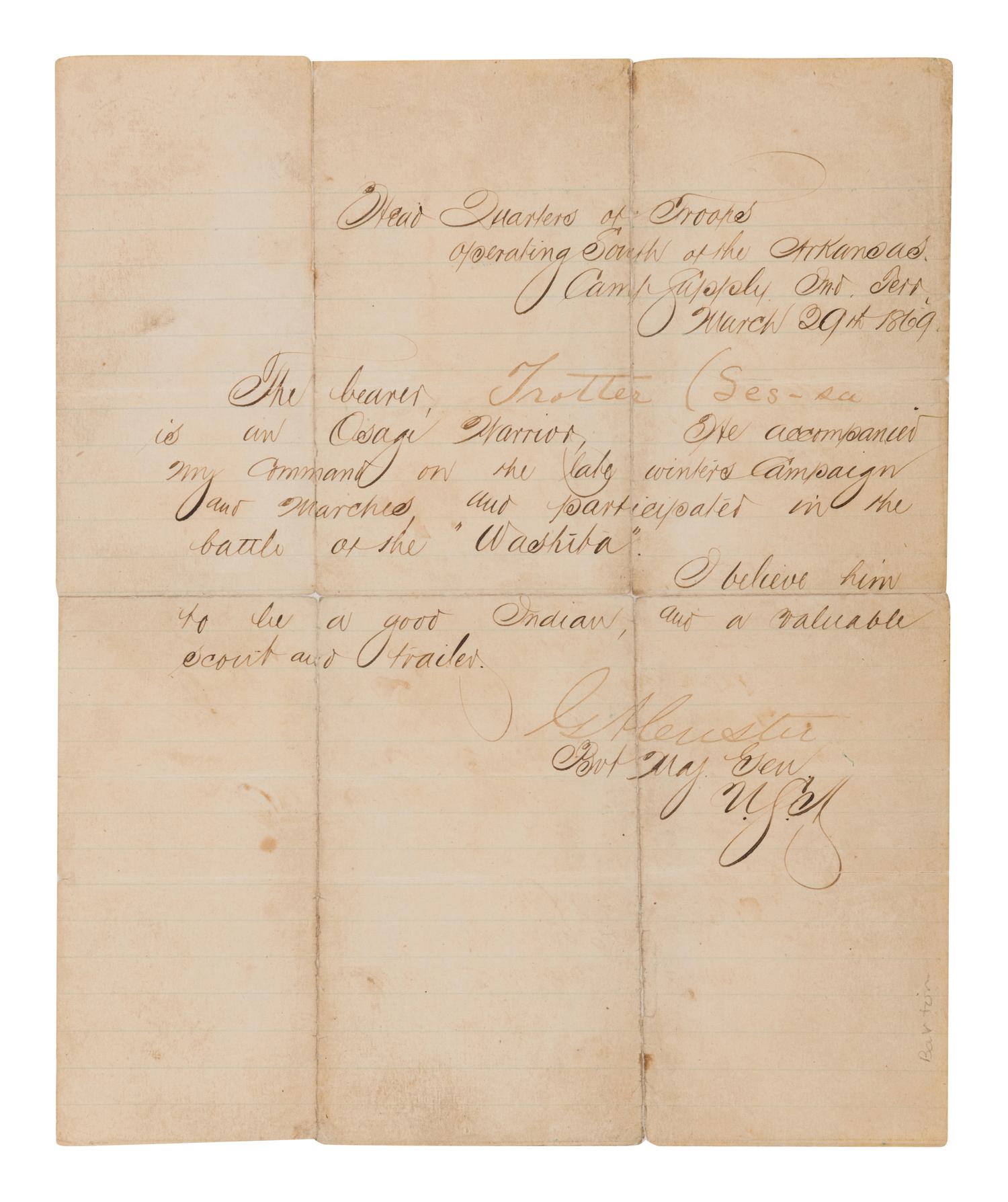 CUSTER, George Armstrong (1839-1876). Manuscript document accomplished and signed as Lieutenant Colonel of the 7th Cavalry Regiment ("G. Custer"). South of the Arkansas, Camp Supply, 29 March 1869.