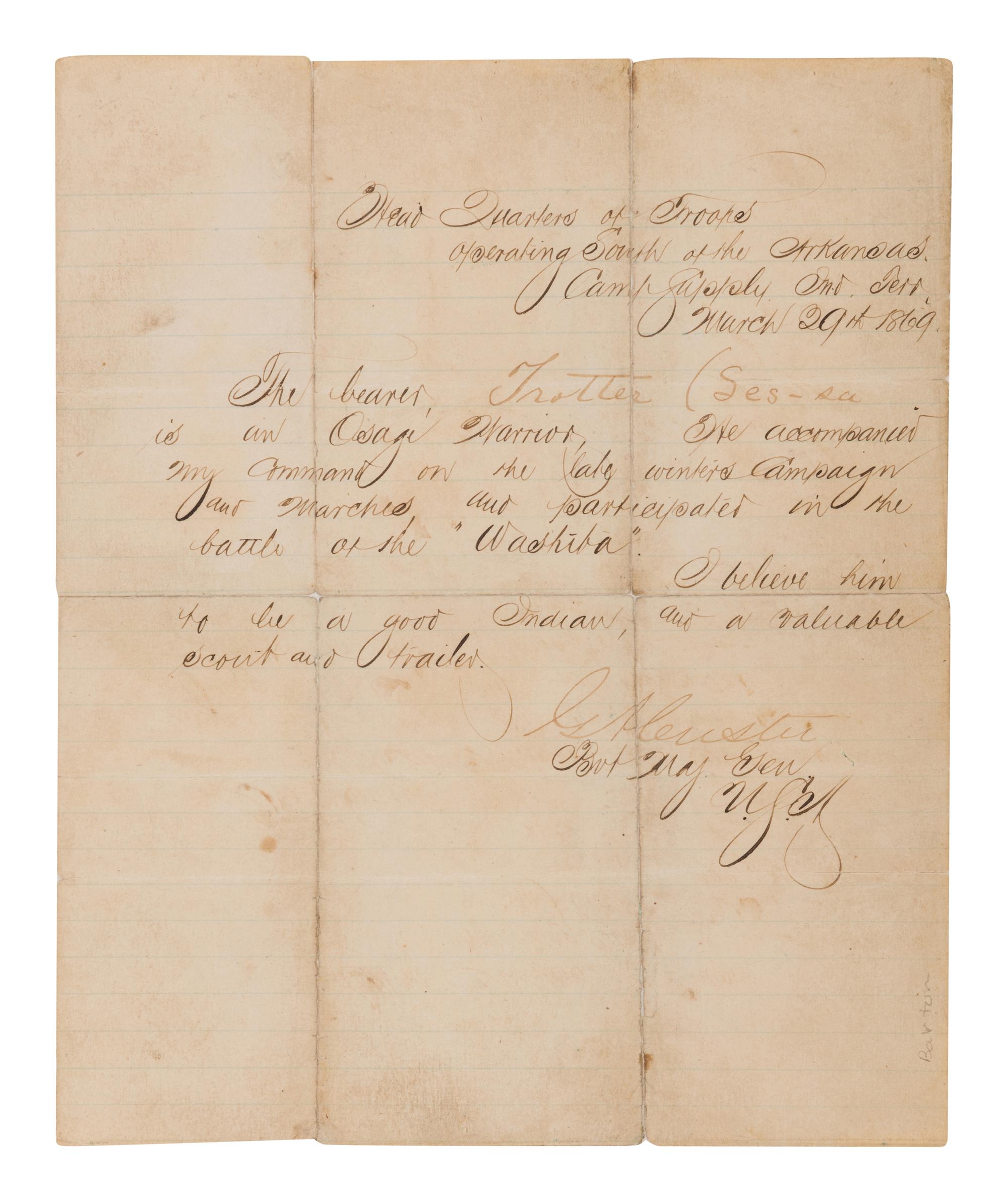 CUSTER, George Armstrong (1839-1876). Manuscript document accomplished and signed as Lieutenant Colonel of the 7th Cavalry Regiment ("G. Custer"). South of the Arkansas, Camp Supply, 29 March 1869.