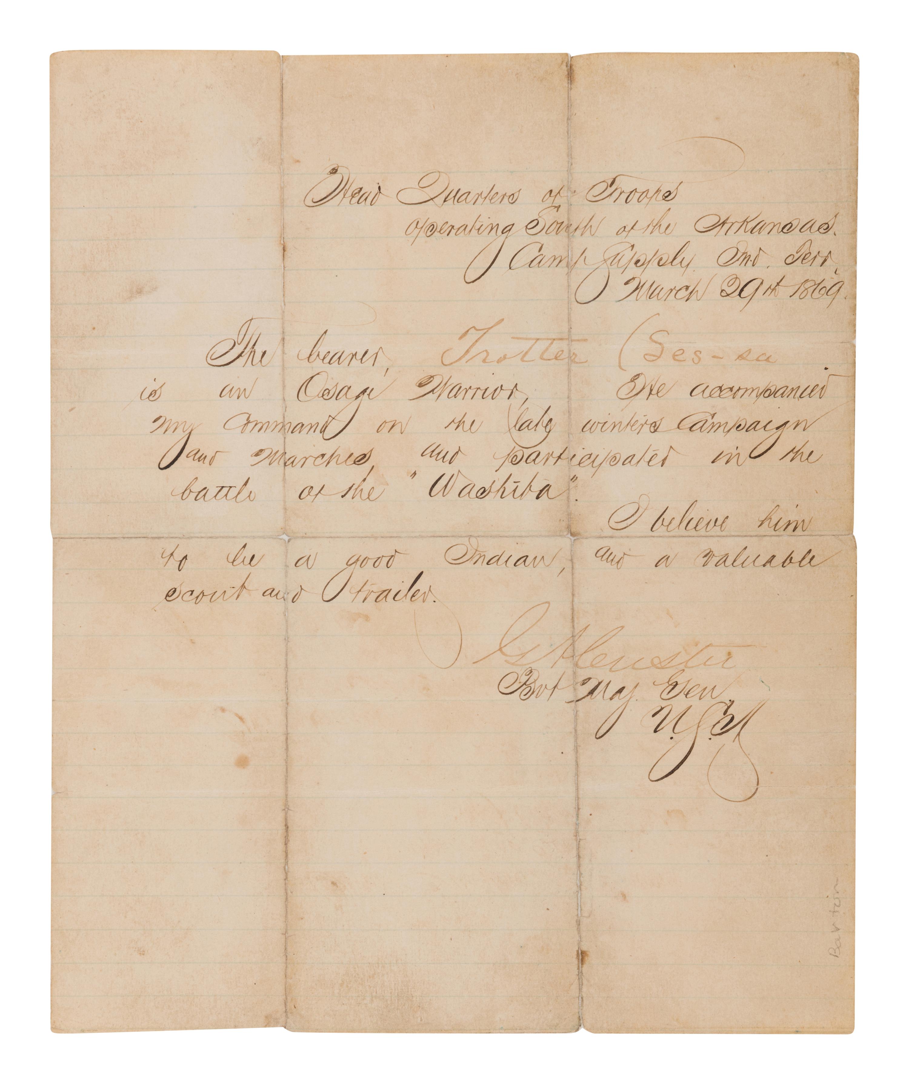 CUSTER, George Armstrong (1839-1876). Manuscript document accomplished and signed as Lieutenant Colonel of the 7th Cavalry Regiment ("G. Custer"). South of the Arkansas, Camp Supply, 29 March 1869.