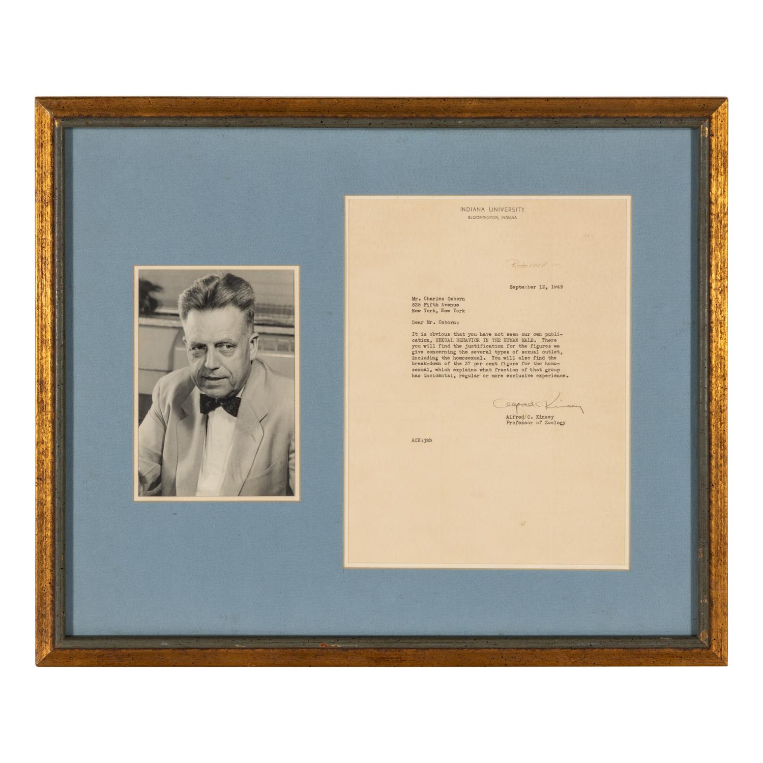 [Sexology] Kinsey, Alfred Charles. Typed Letter, signed