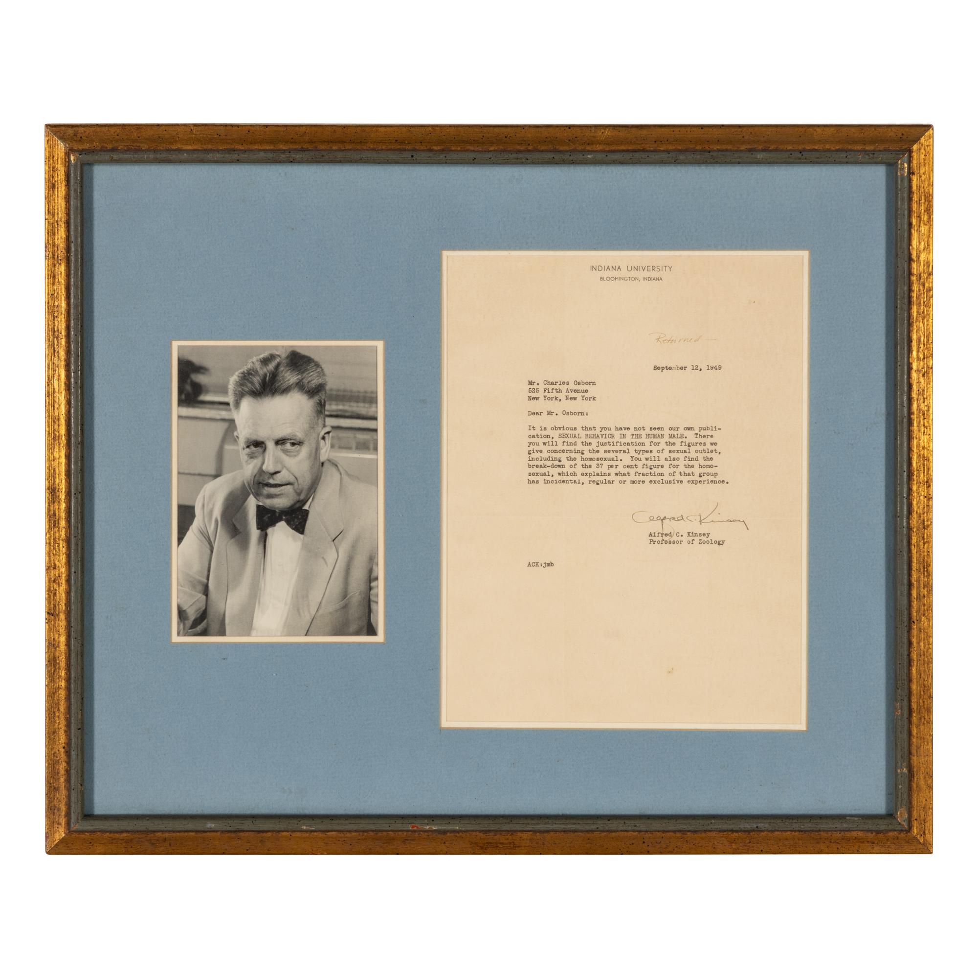 [Sexology] Kinsey, Alfred Charles. Typed Letter, signed