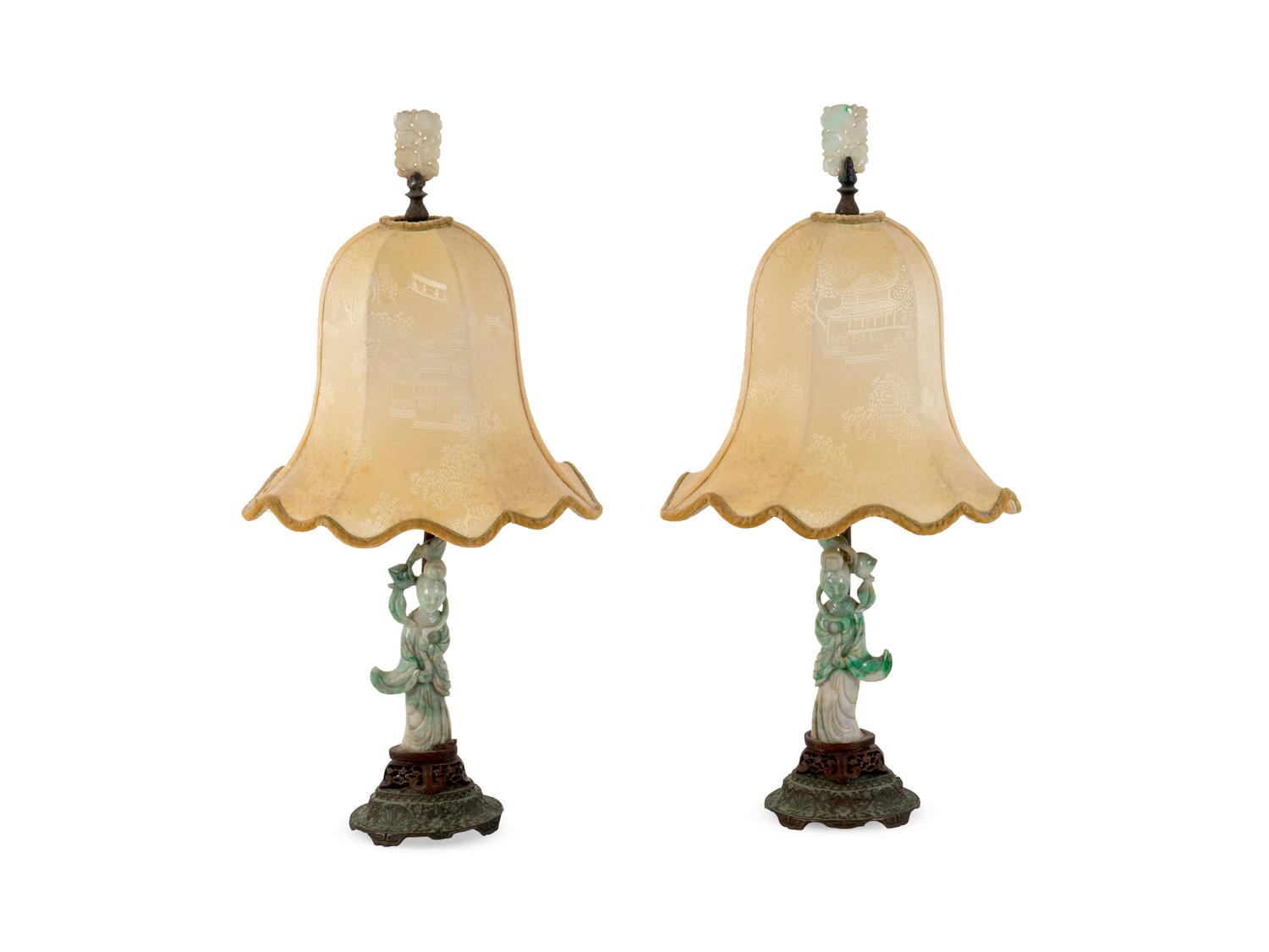 A Pair of Chinese Jadeite Figures Mounted as Lamps — 19TH CENTURY