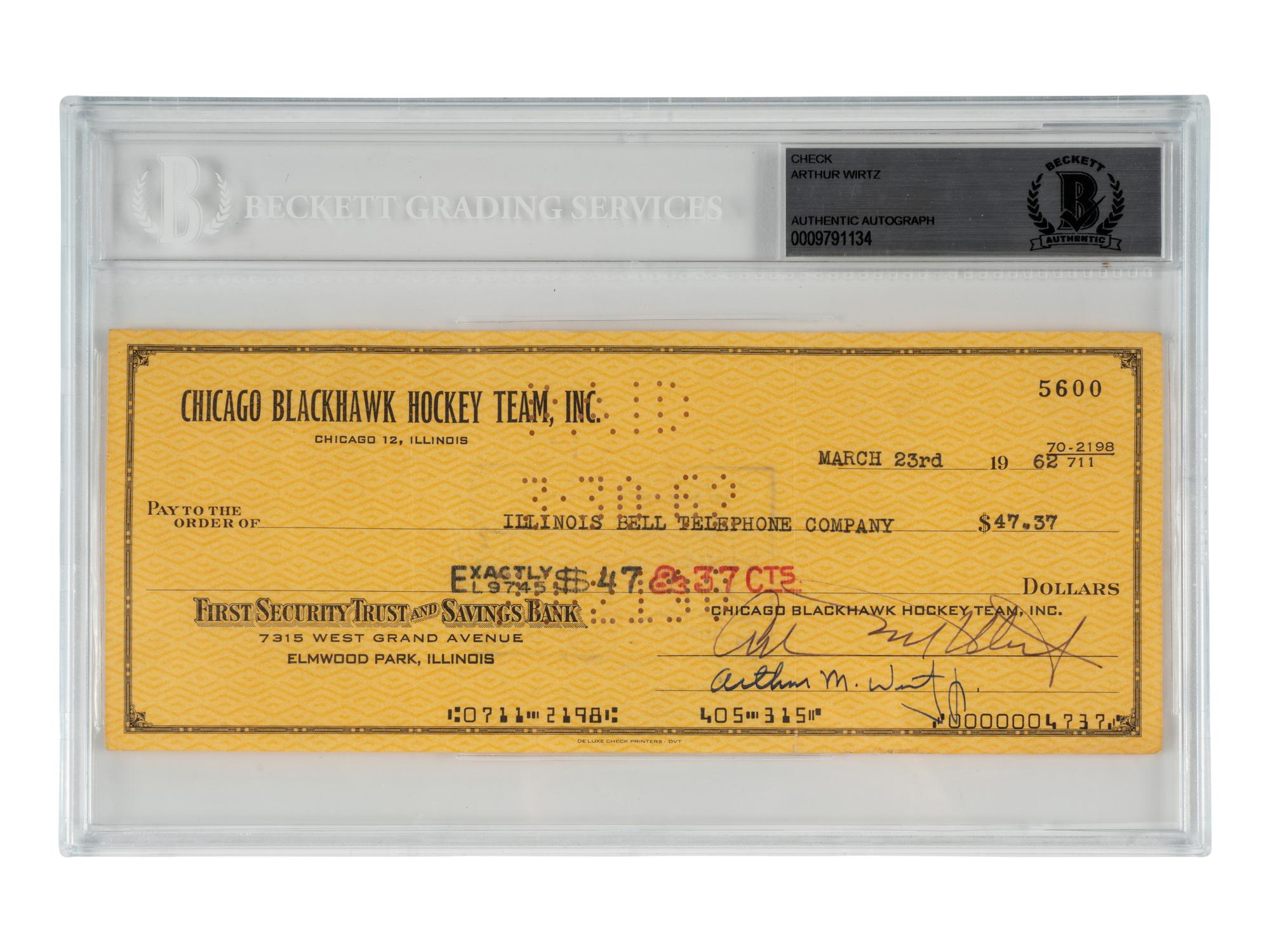 A Large Group of Chicago Blackhawks Signed Autograph Memorabilia Including a Bill Wirtz Check