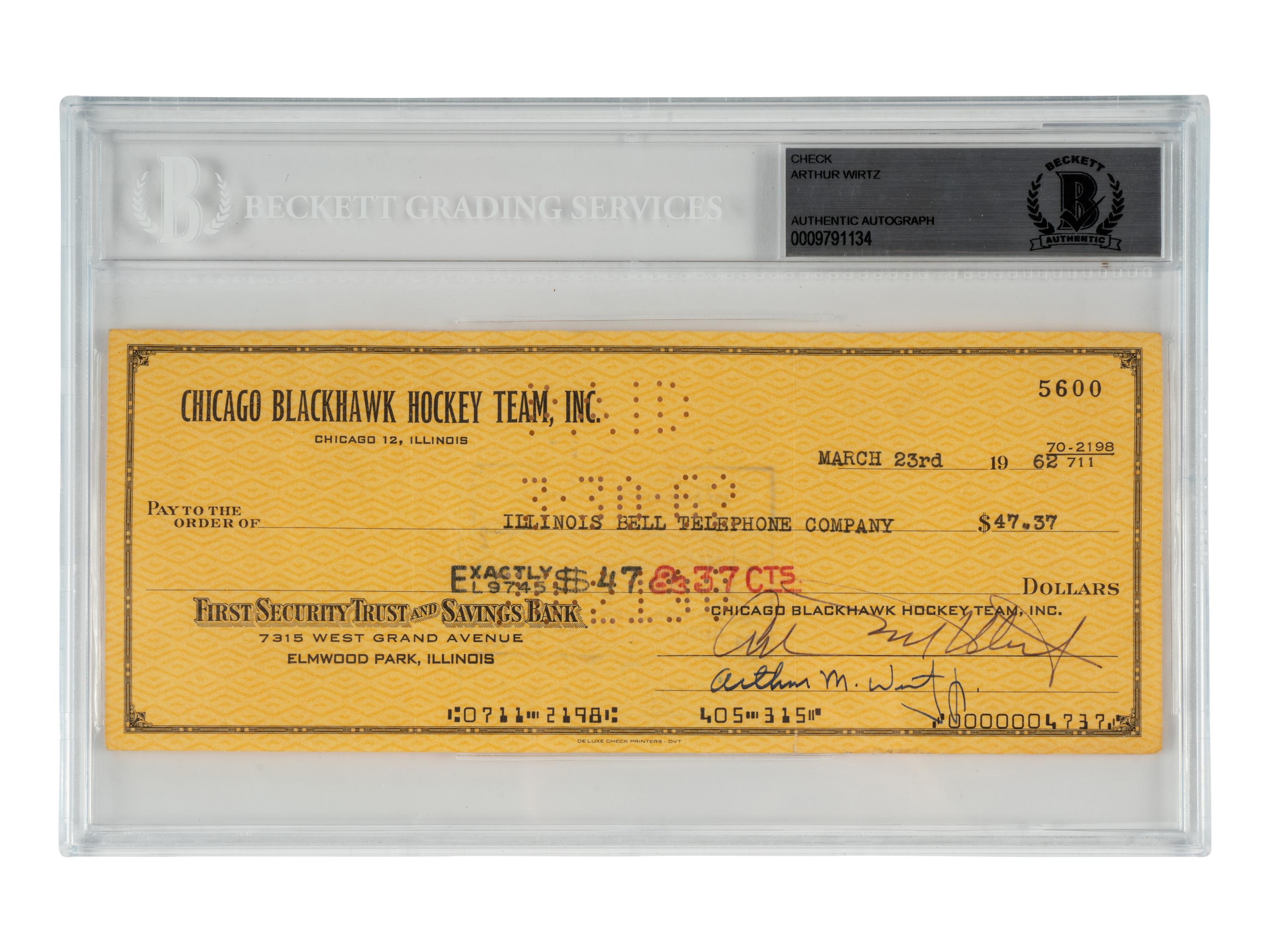 A Large Group of Chicago Blackhawks Signed Autograph Memorabilia Including a Bill Wirtz Check