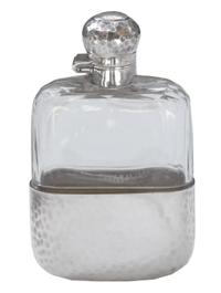 A James Dixon & Sons Hammered Silver and Glass Flask 2.5" W x 1" D x 4.5" H — England, Circa 1911