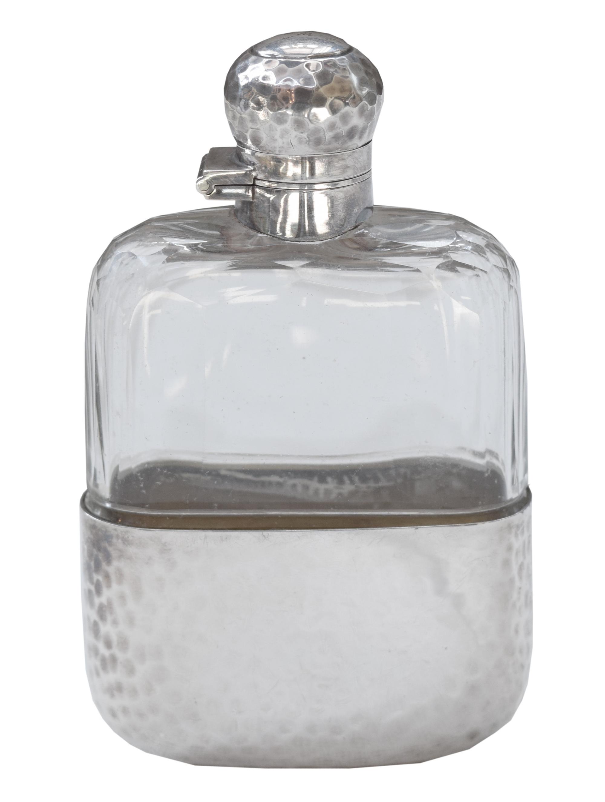 A James Dixon & Sons Hammered Silver and Glass Flask 2.5" W x 1" D x 4.5" H — England, Circa 1911