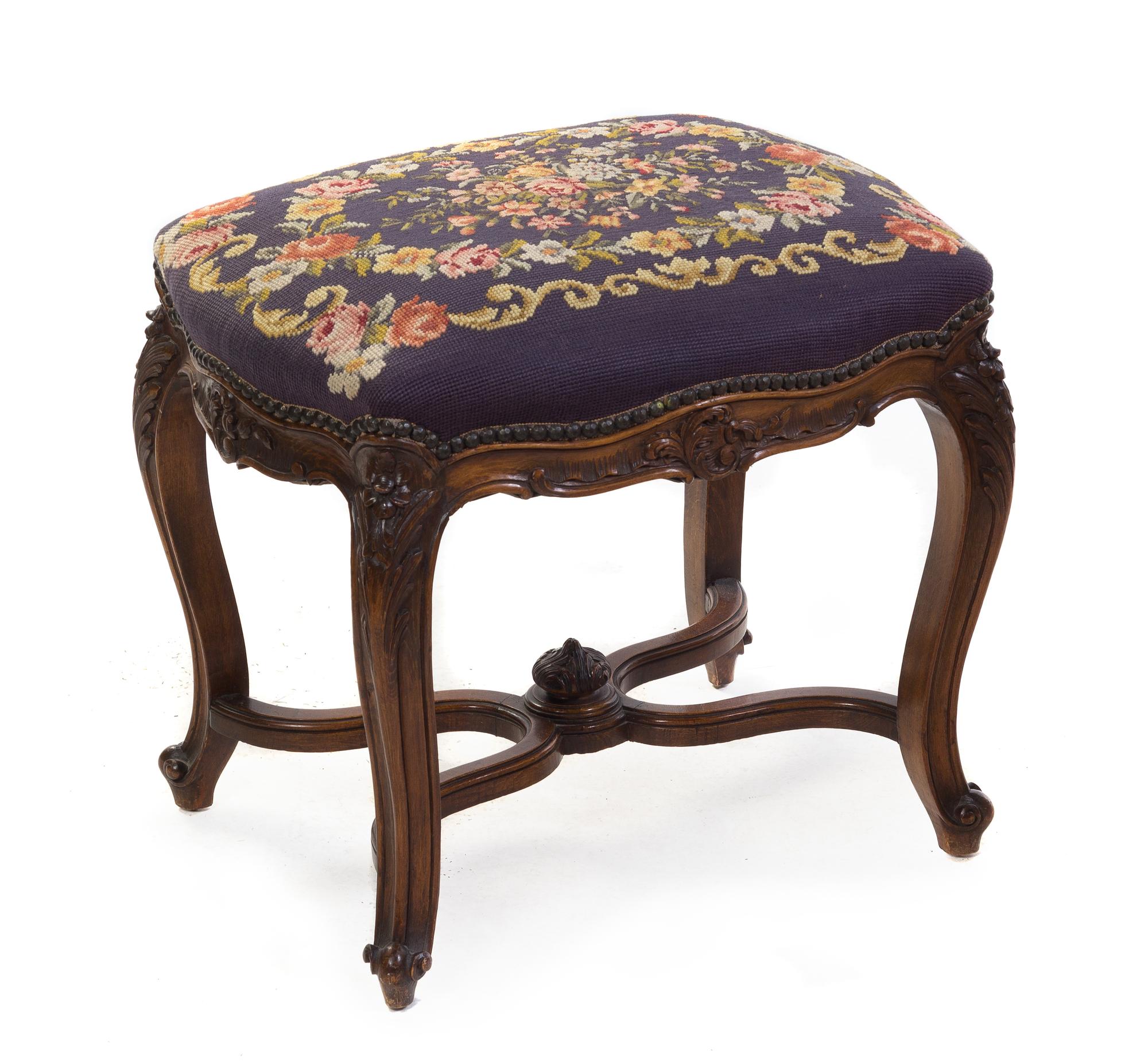 A Louis XV Style Needlepoint Upholstered Tabouret Height 17 1/2 inches. — 19TH CENTURY