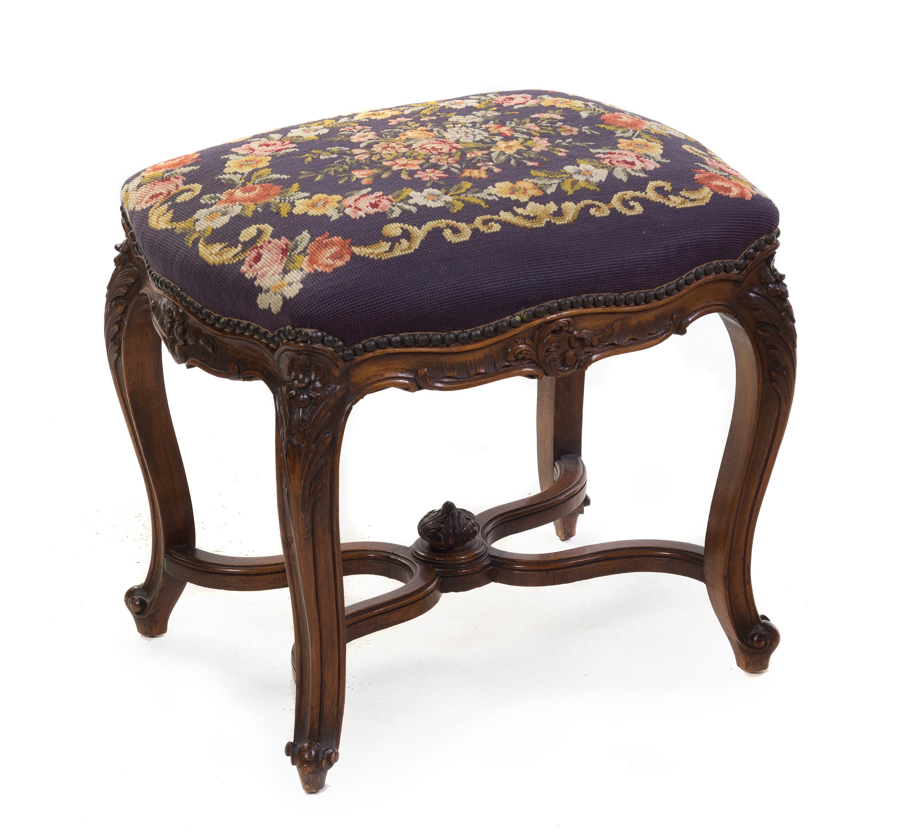 A Louis XV Style Needlepoint Upholstered Tabouret Height 17 1/2 inches. — 19TH CENTURY