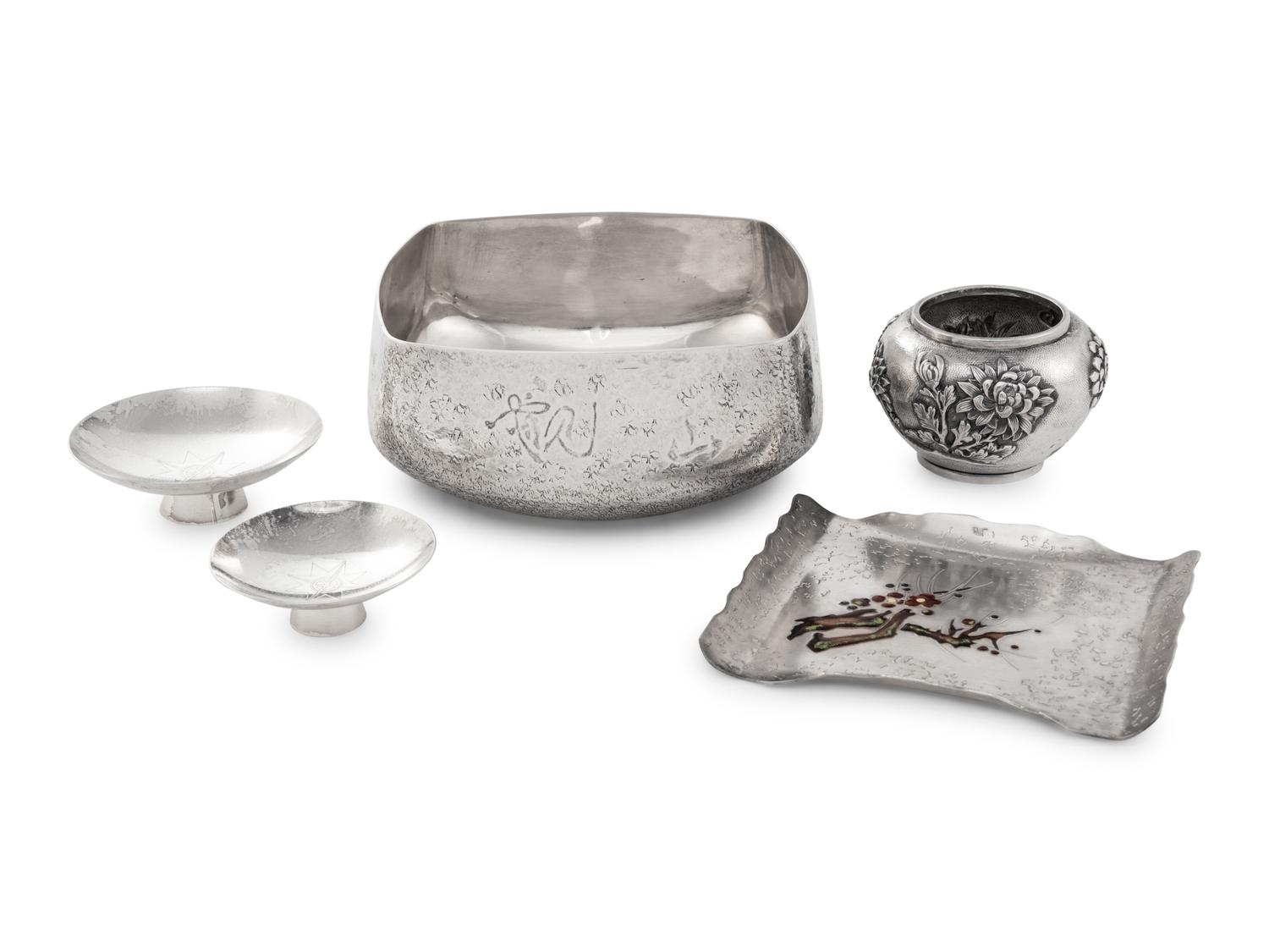 A Group of Five Japanese Silver Table Articles