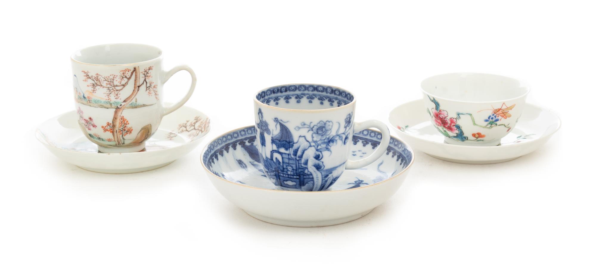Three Sets of Chinese Export Porcelain Cups and Saucers Diameter of largest saucer 5 inches. — 19TH CENTURY