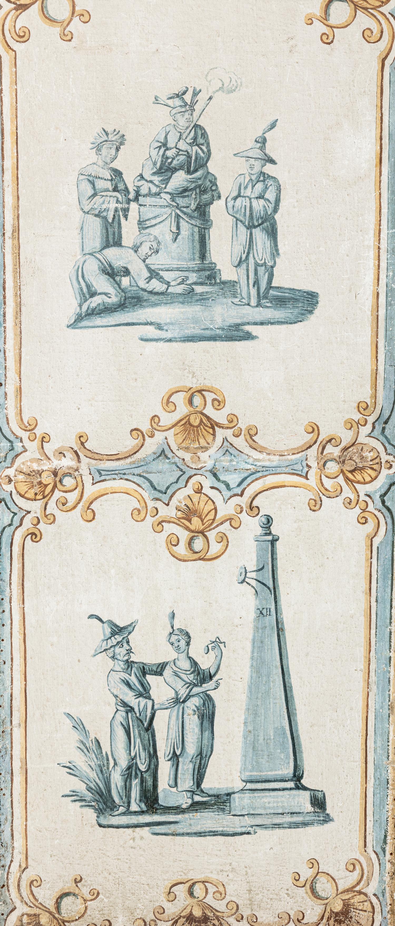 A Louis XV Painted Canvas Five-Panel Floor Screen