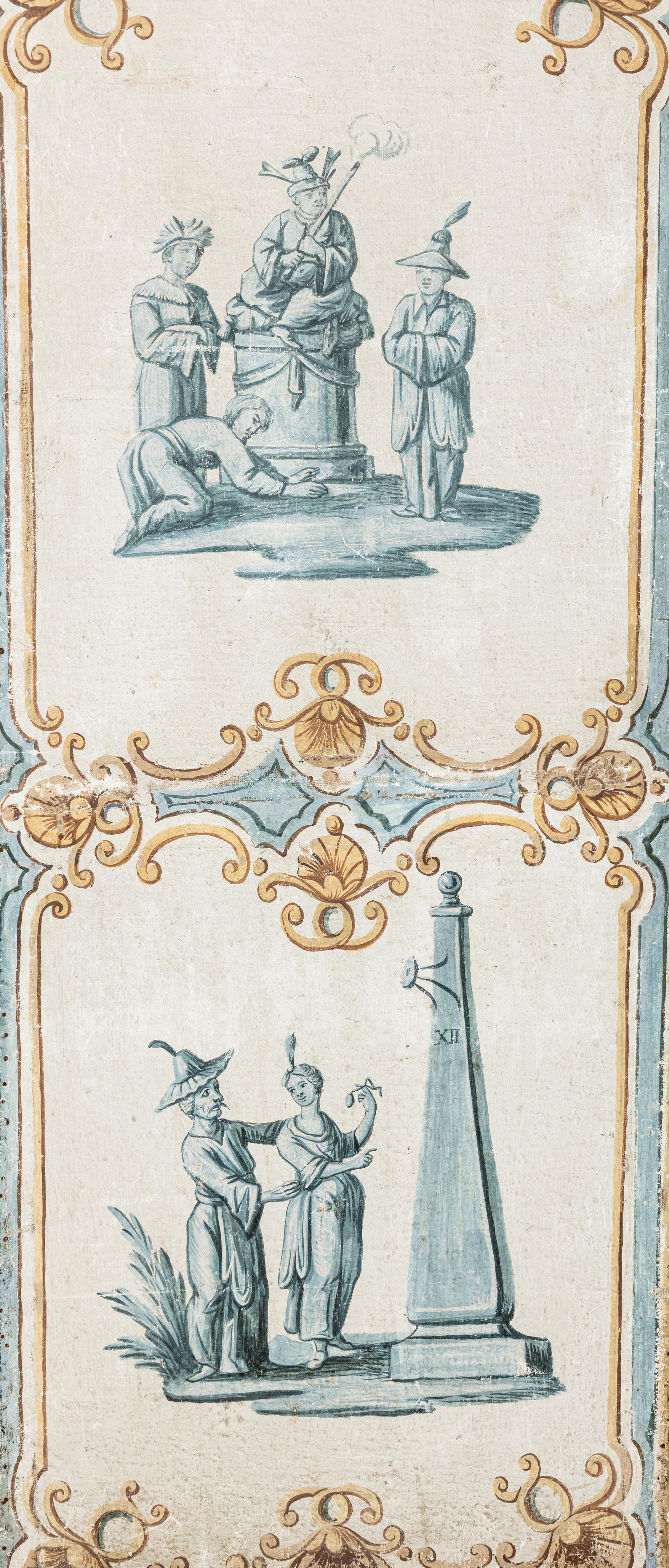 A Louis XV Painted Canvas Five-Panel Floor Screen