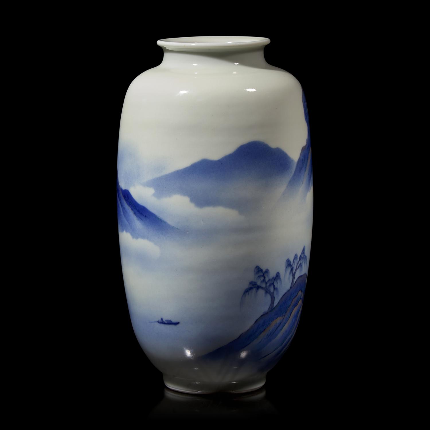 A Japanese enameled Blue and White Ovoid 'Landscape' Vase, Signed Makuzu Kozan Saku