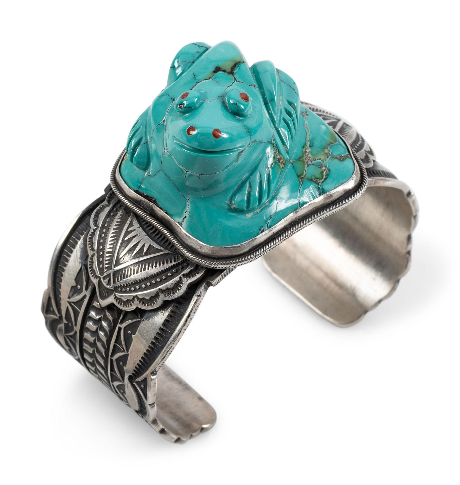 Heavily Stamped Sterling Silver Cuff Bracelet, with Carved Turquoise Frog