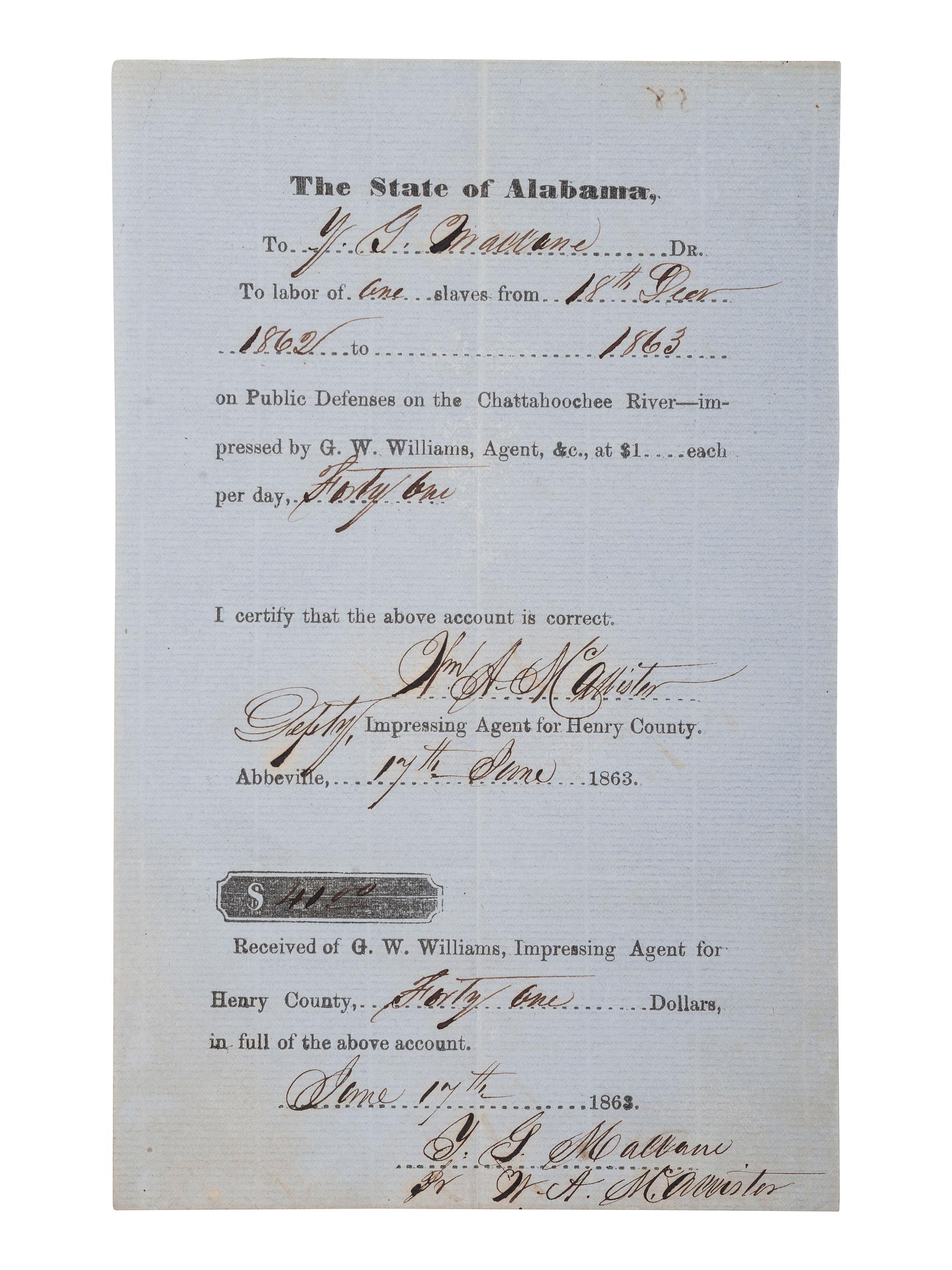 [CIVIL WAR]. Confederate document recording the impressment of an enslaved person for work on "Public Defenses on the Chattahoochee River." 17 June 1863.