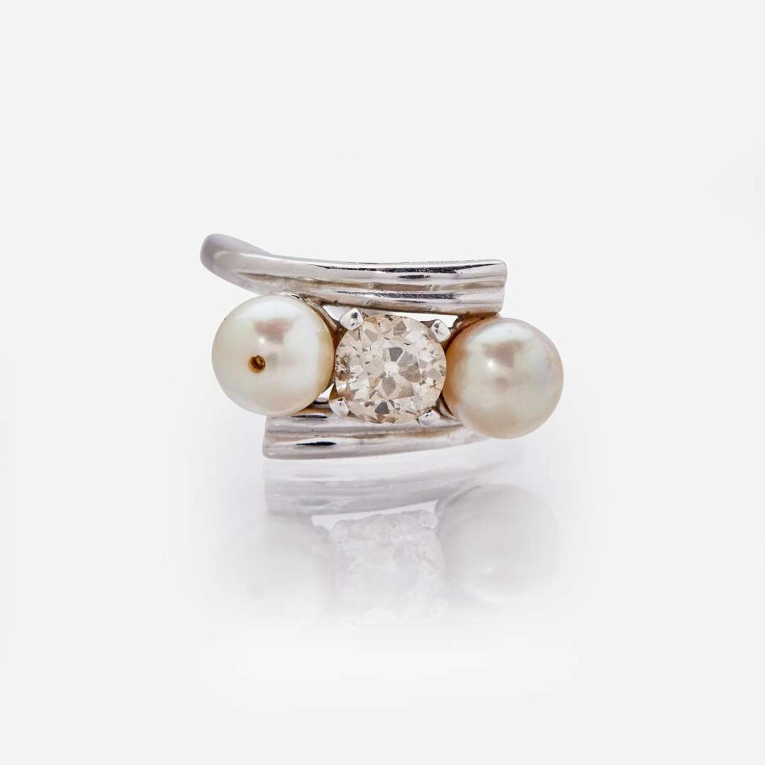 A 14K White Gold, Diamond, and Pearl Ring
