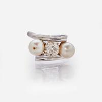 A 14K White Gold, Diamond, and Pearl Ring