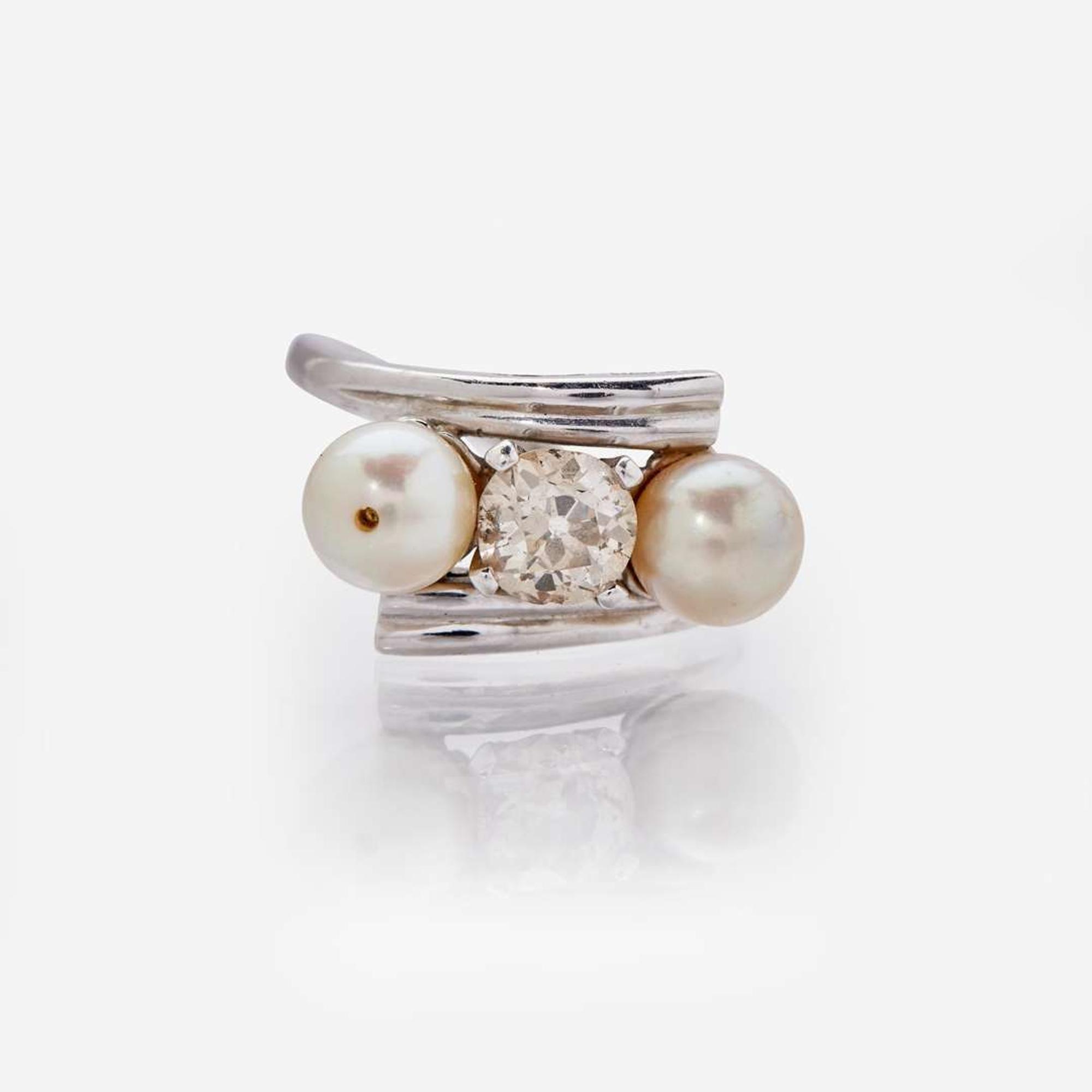 A 14K White Gold, Diamond, and Pearl Ring