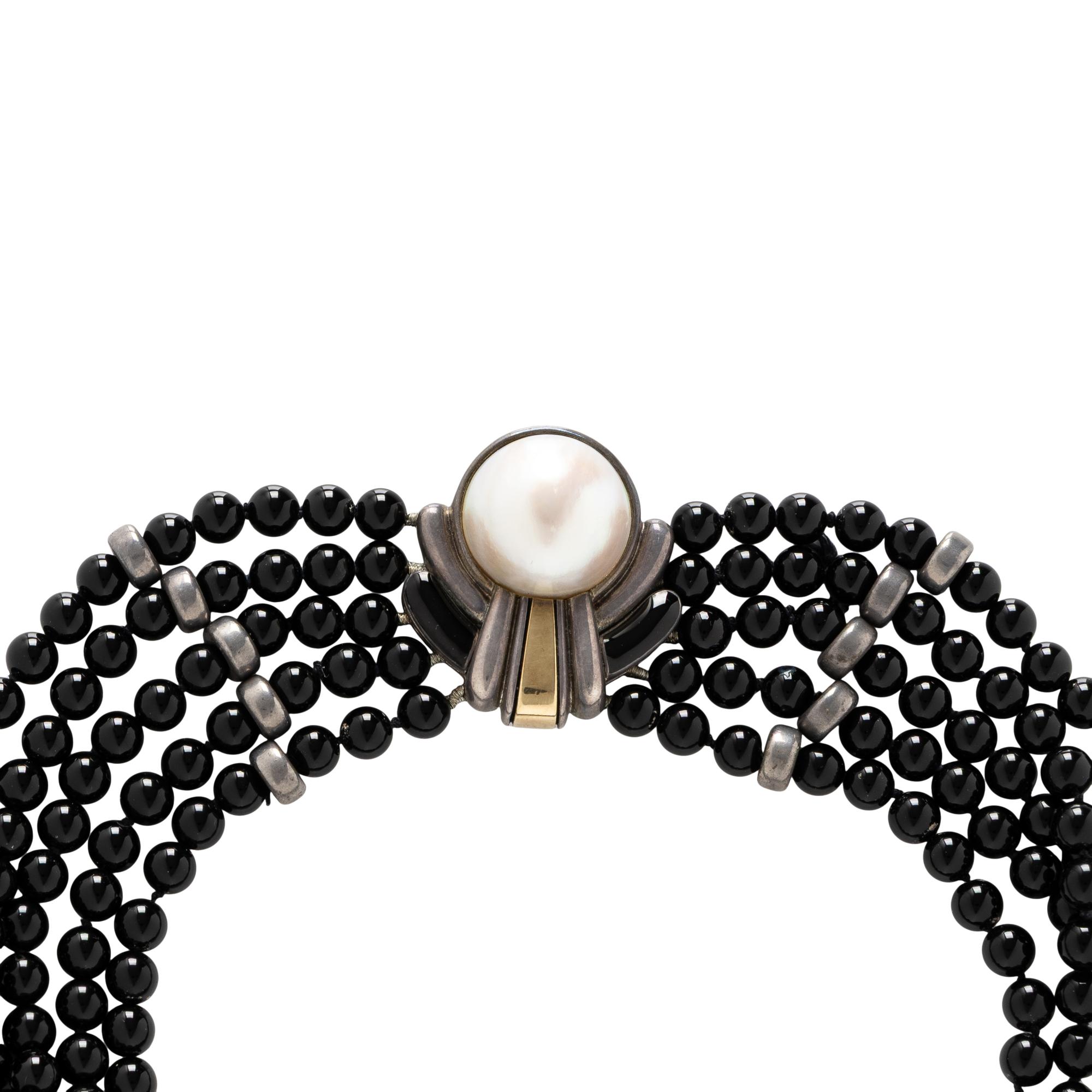 CARTIER, ONYX AND MAB É PEARL NECKLACE AND EARRINGS