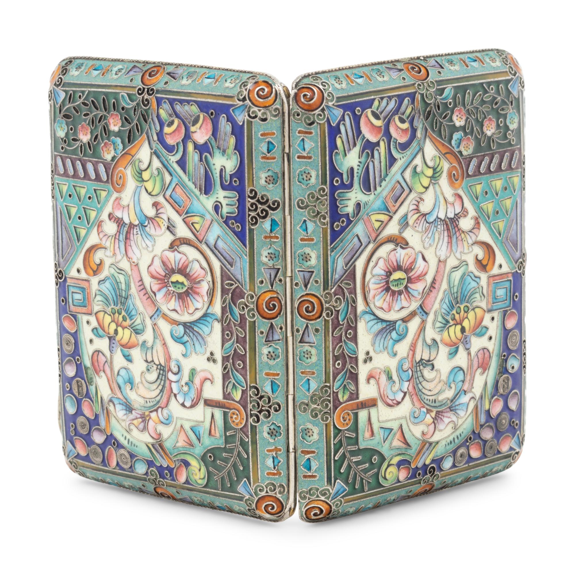 A Russian Enameled Silver Cigarette Case
