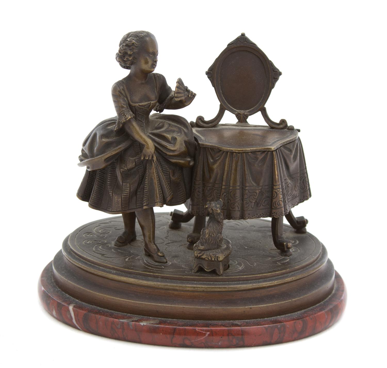 A French Bronze Figural Inkwell Height 5 1/2 x width 6 x depth 4 inches. — 19TH CENTURY