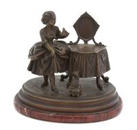 A French Bronze Figural Inkwell Height 5 1/2 x width 6 x depth 4 inches. — 19TH CENTURY