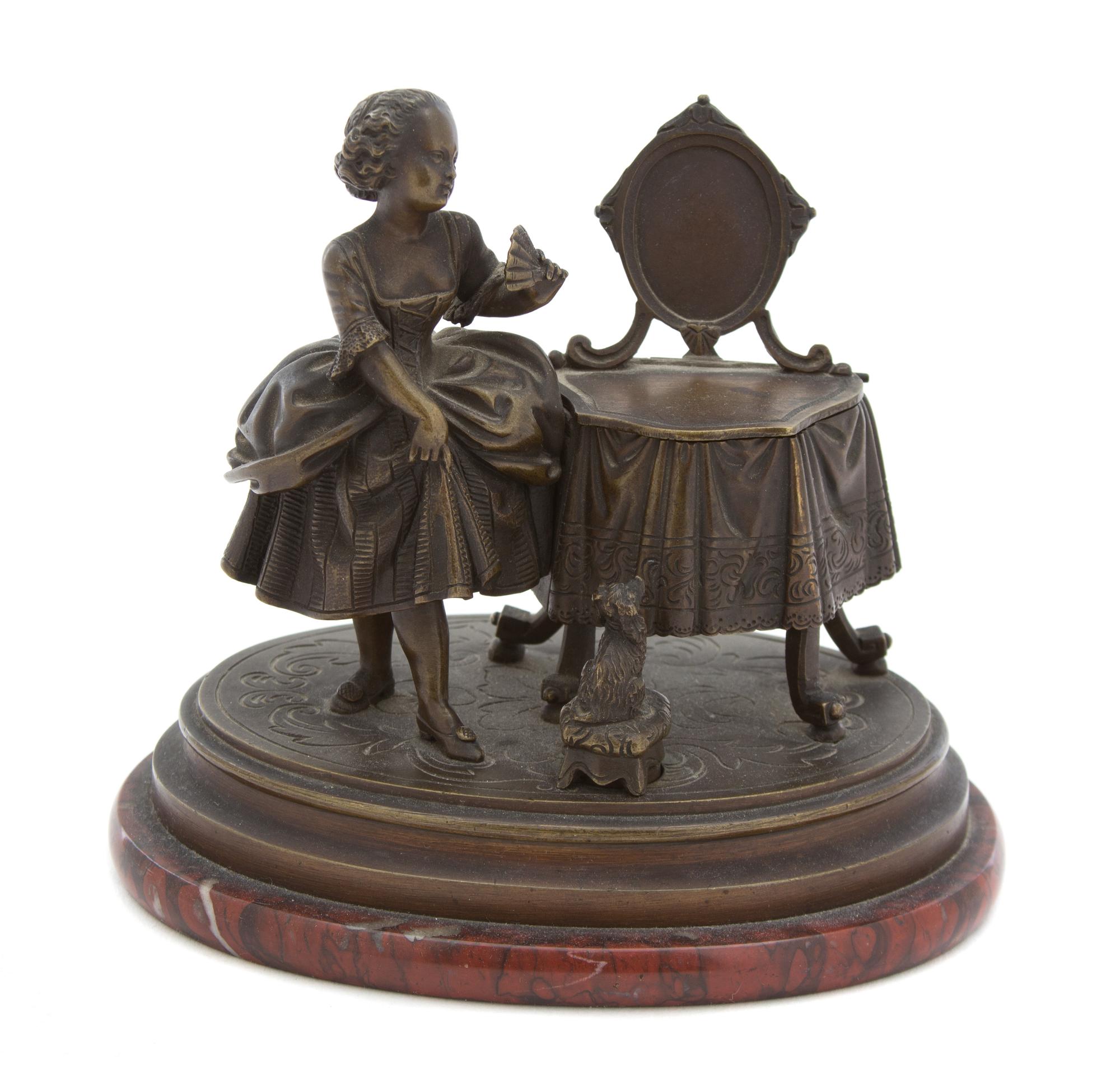 A French Bronze Figural Inkwell Height 5 1/2 x width 6 x depth 4 inches. — 19TH CENTURY