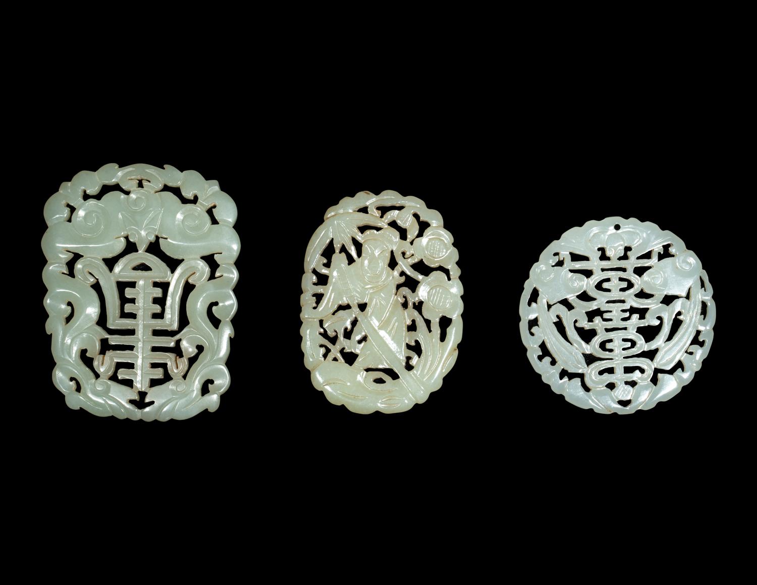 Three Chinese Celadon Jade Reticulated Plaques