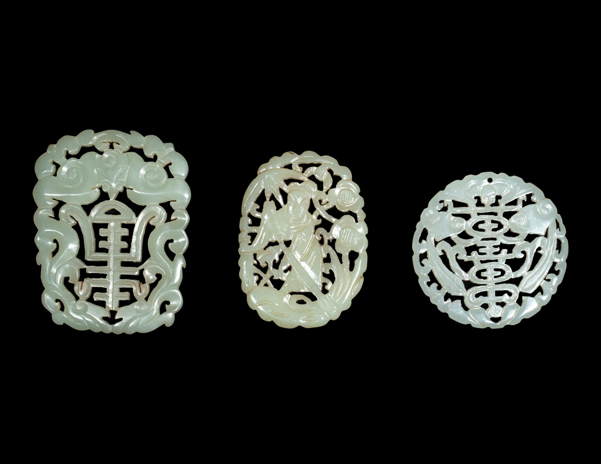 Three Chinese Celadon Jade Reticulated Plaques