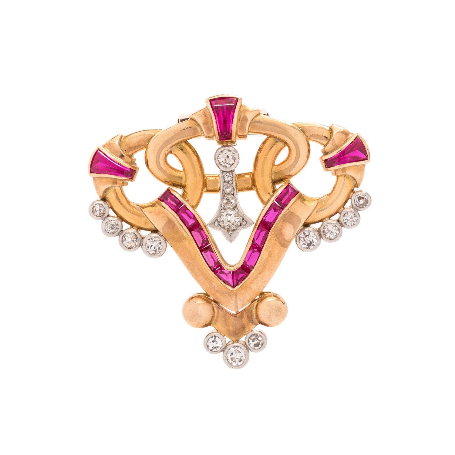 YELLOW GOLD, DIAMOND AND SYNTHETIC RUBY BROOCH